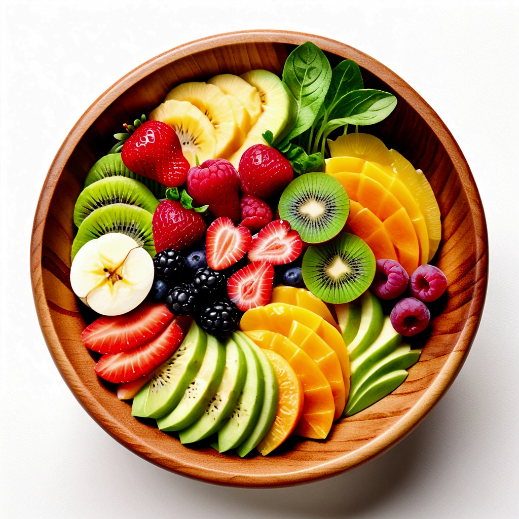 There is bowl of salad made of different fruit , fresh and creamy, served in fancy wooden bowl, illustration, baking ingredients, isolated with solid white background, surrounded with negative space, centered composition, 8k, highest detailed painting, very precise line, Isolated, clear solid white background, perspective angle of view, ((watercolor:1)), (lora:add-detail-xl:1), (masterpiece), (best quality), no bread on the floor, washed out color