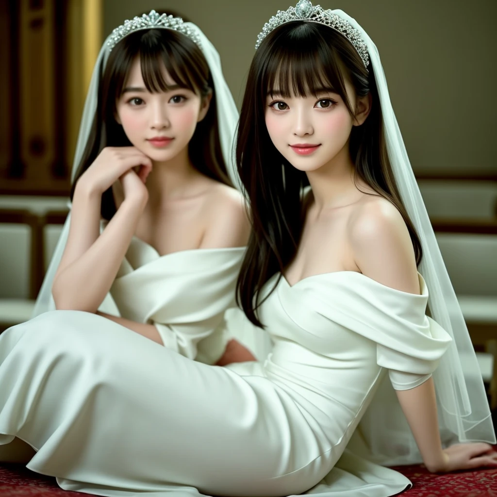 (highest quality:1.5)、(Realistic:1.5)、(Take a full-body photo:1.5)、Very detailed、High resolution、8k wallpaper、、Normal milk、Natural color lips、Cute Smile、Japanese women、20-year-old girl、Beautiful and elegant face、Perfect and beautiful face、Large, balanced eyes、Brunette's eyes、Beautiful and elegant face、Beautiful double eyelids、Natural Bangs、Beautiful thin nose、Beautiful Skin、Fair skin、Medium Bob Hair、Natural Bangs、Perfect and beautiful face、Slim face and figure、(Looking at the camera with a sweet smile)、Bright lighting、Professional Lighting、Forward lighting、Wedding dress、tiara、(wearing a white off-the-shoulder mermaid wedding dress)、Wedding ceremony in a church with beautiful stained glass、pose for a photo、
