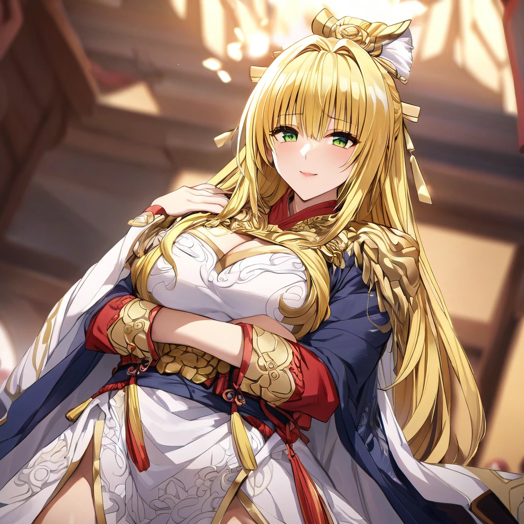 ((Highest quality)), ((masterpiece)), (detailed), (Perfect Face)、The woman is Tiare, with green eyes and medium-long blonde hair.、The woman is a beautiful ancient Chinese military commander who was chosen by the emperor and is now a bride at her wedding.、The woman looks happy as she is embraced by the emperor.