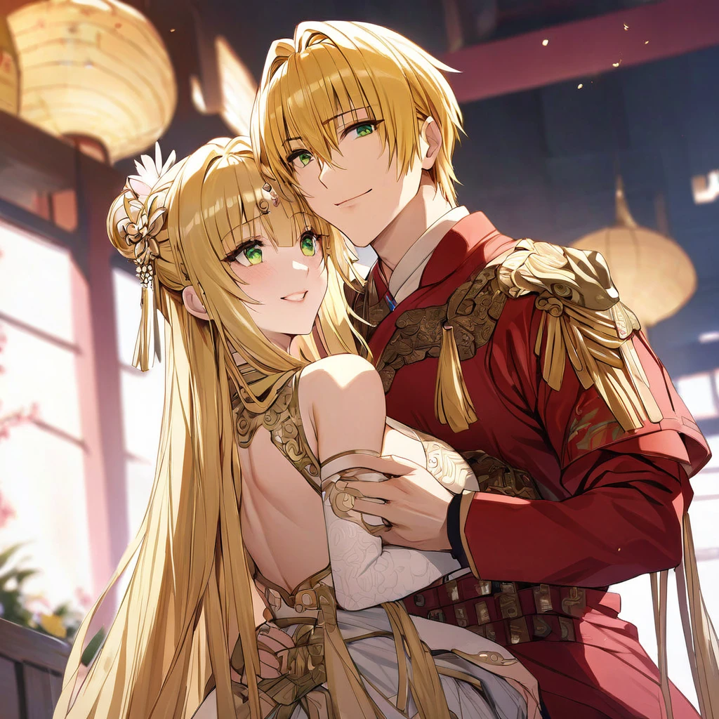 ((Highest quality)), ((masterpiece)), (detailed), （Perfect Face）、The woman is Tiare, with green eyes and medium-long blonde hair.、The woman is a beautiful ancient Chinese military commander who was chosen by the emperor and is now a bride at her wedding.、The woman looks happy as she is embraced by the emperor.