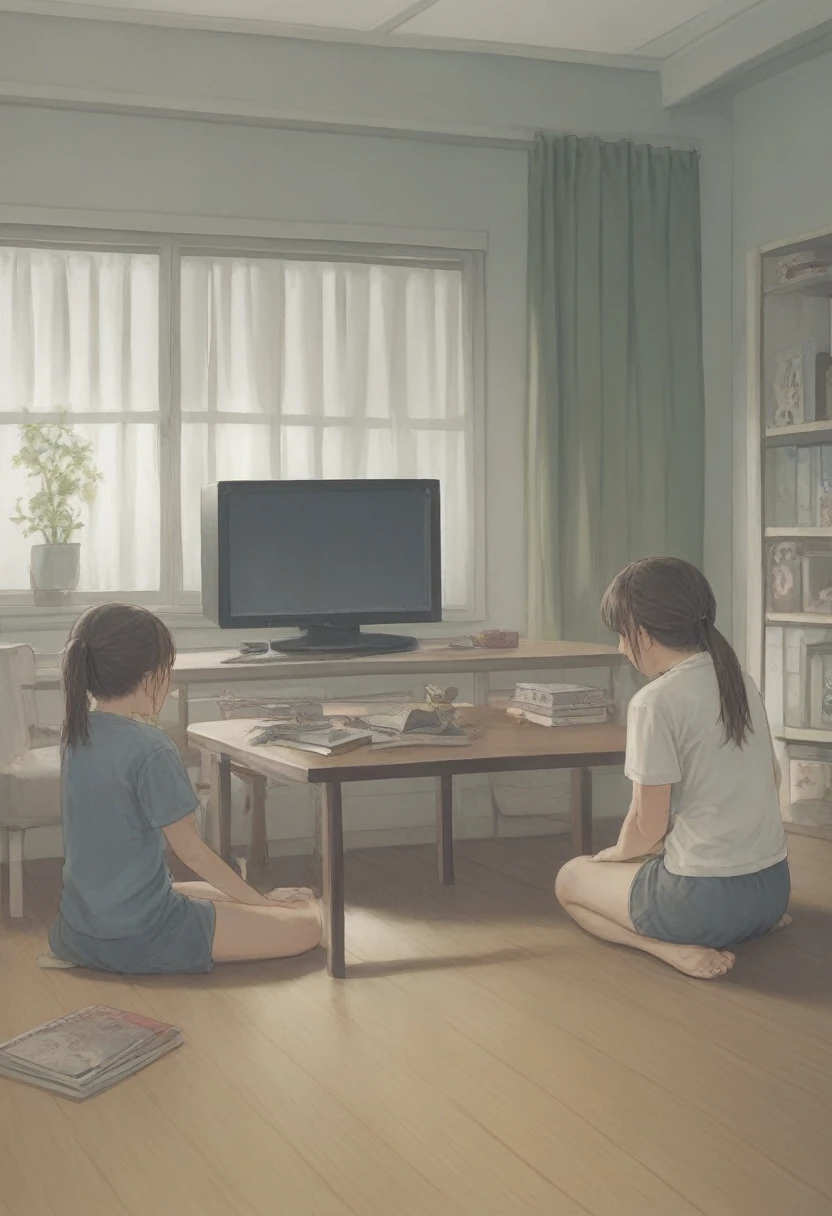 Ridiculous resolution, high resolution, (masterpiece: 1.4), Very detailed, (((Delicate face, Detailed expression)), 1个girl, girl, friends, best friends, classmate, Relax, Ponytail, Bob, sitting on floor, Sitting on the floor, Two people talking, Room Background, friends, best friend, Home, 1k, small room, curtain, floor, television, table, 居Home服, Kyoto Animation, Kyoto Animation的氛围, (tearful)