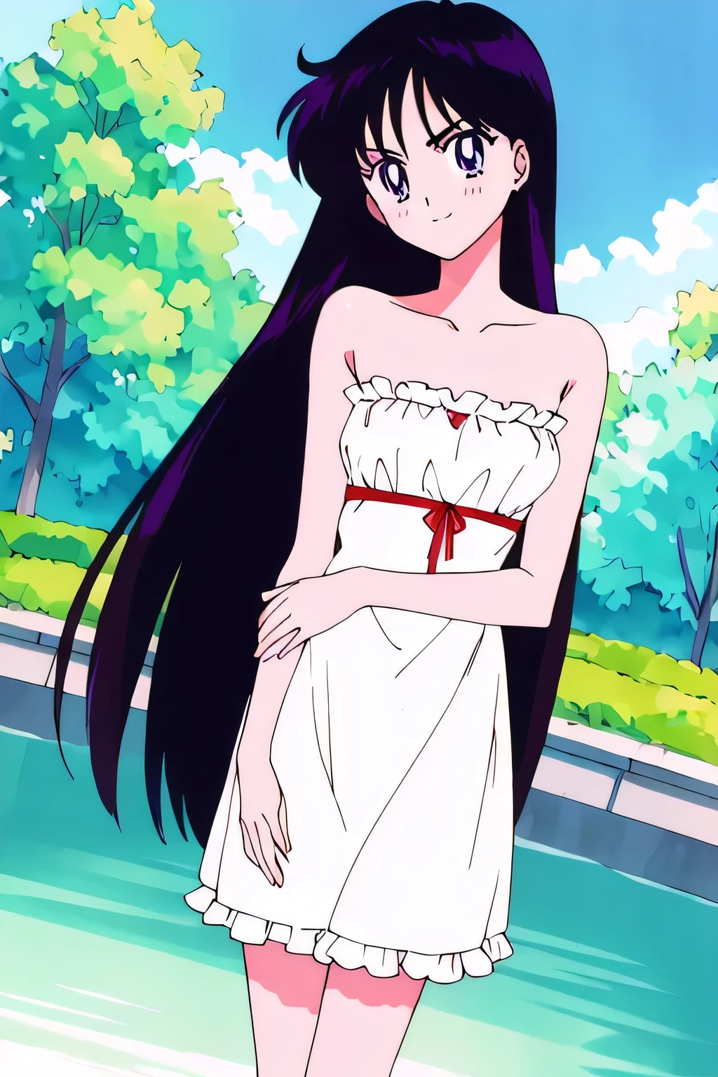 Rei Hino, 1 girl, solo, Best quality, masterpiece, High Definition, Teenager, Purple Eyes, Beautiful Detail Eyes, Black Hair, Long Hair, Good hands at sides, Seductive Smile, Blushing, Bare Neck, Bare Shoulders, strapless, white short ruffle off the shoulder dress. Standing up. Cowboy shot. A landscape of blue skies, a mountain, a mansion, an garden maze, a water fountain