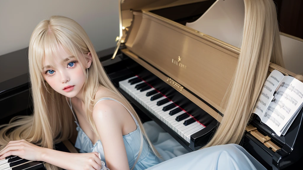 playing piano.silky shiny skin、22 year old cute sexy little beautiful face、Hair glows in front of a cute face、long silky bangs covering the eyes、pale light blue eyes、Young woman super long blonde shiny golden bright straight hair、with round face、Small face beauty、big eye、bright expression、The dress、Even big in clothes
