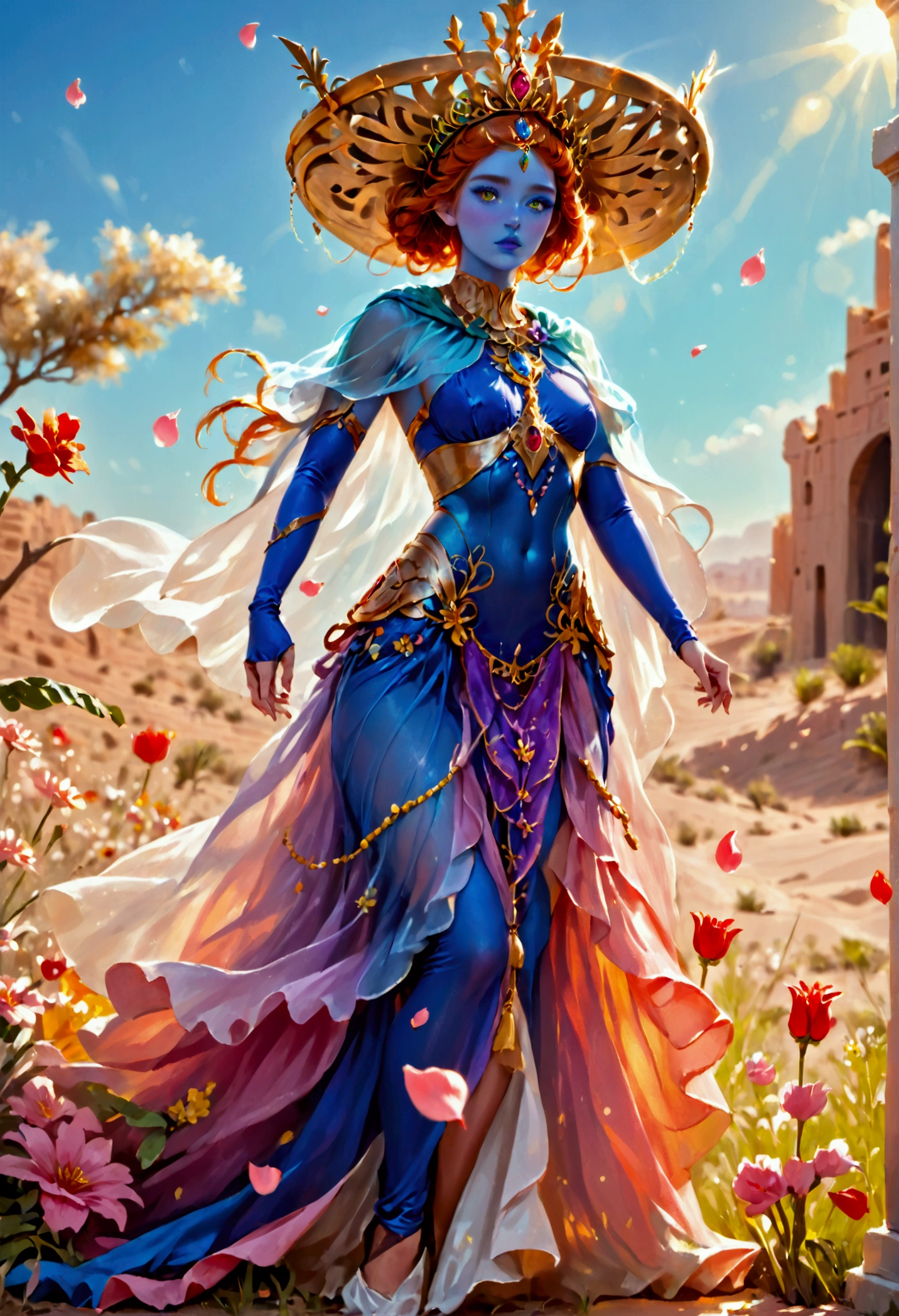 A huge blue-green humanoid female with a broad mouth, wearing a royal tiara and a sheer colorful cloak, riding on a hover barge in a desert setting, with slaves tossing flower petals around her, hyper detailed, ultra-realistic, 8K, photorealistic, intricate details, cinematic lighting, lush colors, dramatic shadows, volumetric lighting, depth of field, award winning digital art
