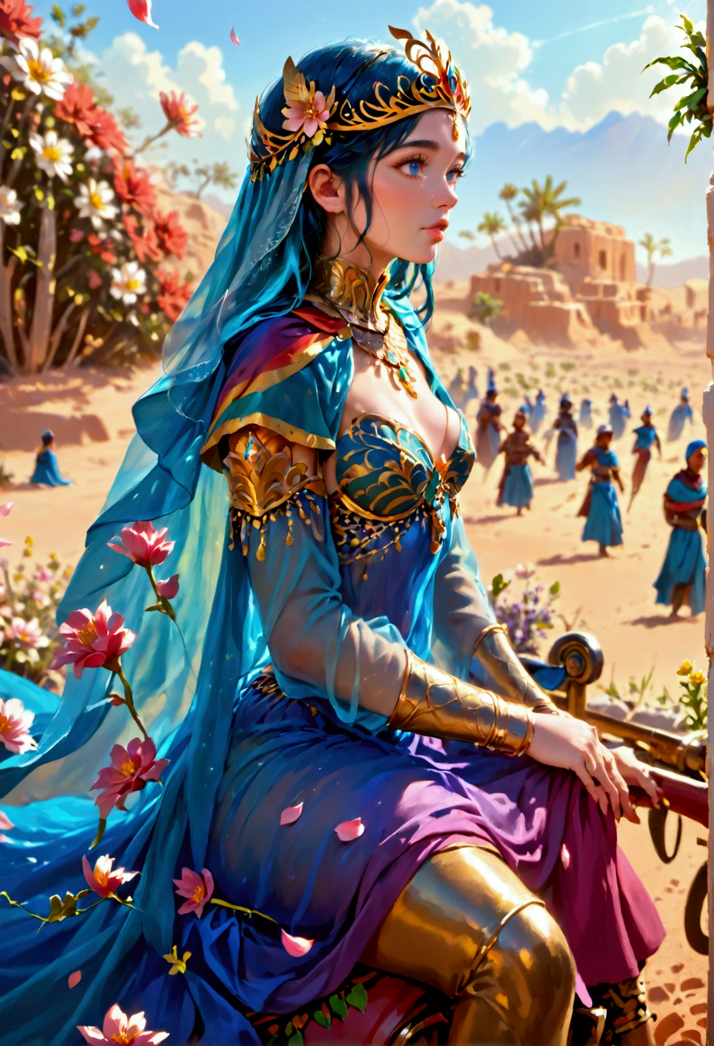 A huge blue-green humanoid female with a broad mouth, wearing a royal tiara and a sheer colorful cloak, riding on a hover barge in a desert setting, with slaves tossing flower petals around her, hyper detailed, ultra-realistic, 8K, photorealistic, intricate details, cinematic lighting, lush colors, dramatic shadows, volumetric lighting, depth of field, award winning digital art