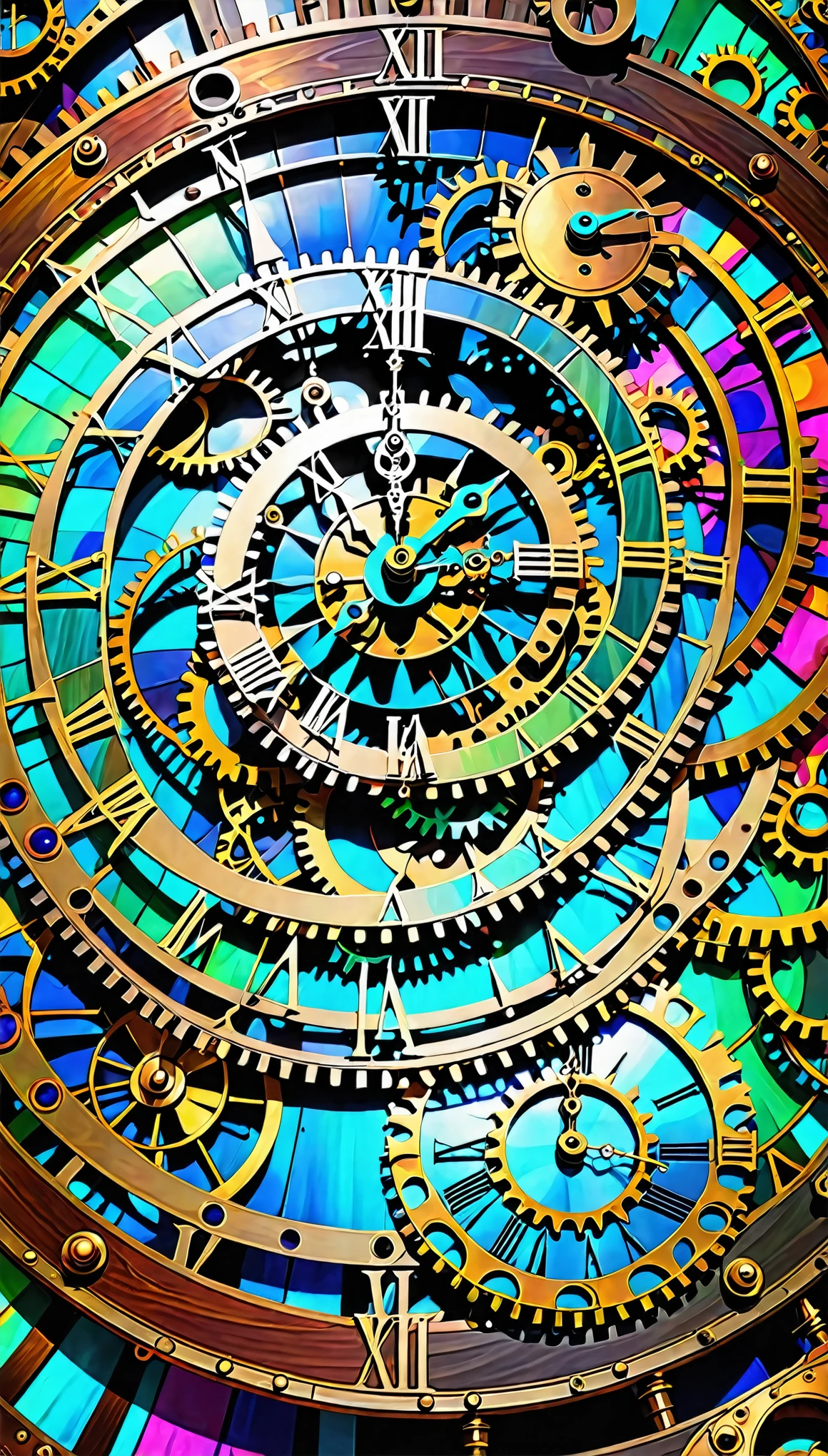 Close-up of clock，There are many circles of different colors on it, Well-designed digital art, Maximalist Digital Art, passing of the times. complex shapes, Complex and epic composition, Steampunk Digital Art, Psychedelic surrealist art, digital fantasy art, digital steampunk art, Complex Numbers, Complex futurism, Complex Numbers艺术, Digital Complex Art, Complex and detailed digital art, Complex Numbers艺术work