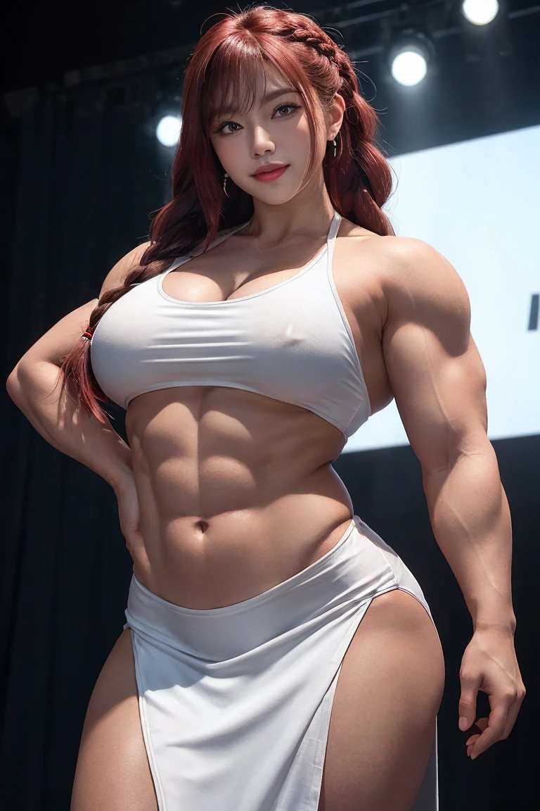SeaArt Bot Txt2Img Default 01:34:10 SeaArt Bot Txt2Img Default 01:47:12 Expires in 29 Day(s),Bright Light,the highest picture quality,Best resolution 1 adult woman,mature and beautiful,muscle bodybuilder , (masterpiece, best quality:1.37), ultra-detailed:1.37, hyper-sharp:1.37, anime style, An illustration of a female bodybuilder, The female bodybuilder is 2m tall and has a muscular build. A female bodybuilder wears a white robe ,tiny bra,Nipple Covers,just, exposing her muscles,big breasts,high slit,off shoulder,fat hip. A female bodybuilder is standing on the stage, seductive smile, closed mouth, long scarlet hair, Two thick braids,Brown eyes, bodybuilder fashion, looking the viewer, view viewer,sexy pose,evening dressed,evening skirt dressed,Women's white evening dress,white robe,Looming,Perfect body proportions,Perfect muscle lines,White gloves