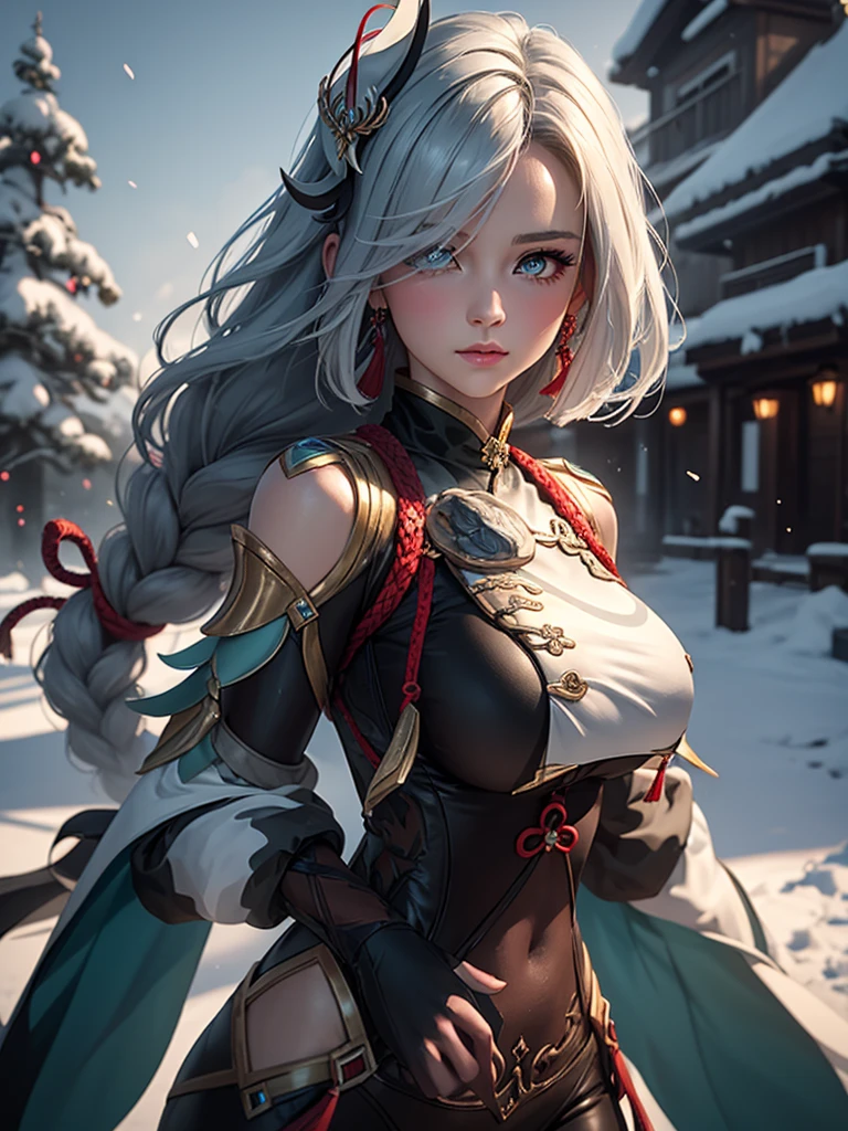 shenhedef, upper body, seductive look, blush, outdoors, snowflake scenery, looking at viewer, cloudy, moody lighting, (perfect detail eyes:1.2), glowing eyes, (long hair one braid:1.2), elemental skill effect, (Masterpiece, Best Quality, High Quality:1.4), professional artwork, Intricate Details, field of view, sharp focus, detailed painting, photorealistic lighting, trending on pixiv, (vivid lighting, vibrant colors:1.05), realistic shadows, ambient occlusion, (athletic body:1.3), mature woman, 30yo, colors RGB