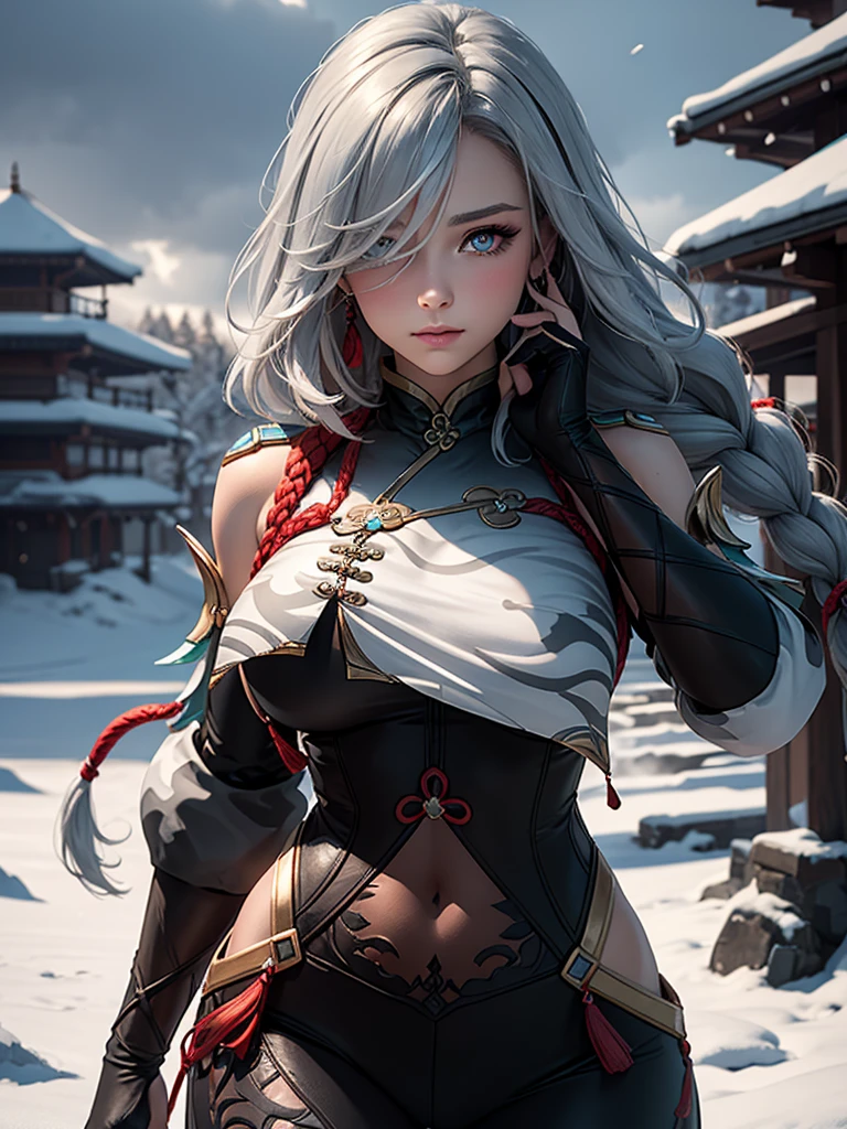 shenhedef, upper body, seductive look, blush, outdoors, snowflake scenery, looking at viewer, cloudy, moody lighting, (perfect detail eyes:1.2), glowing eyes, (long hair one braid:1.2), elemental skill effect, (Masterpiece, Best Quality, High Quality:1.4), professional artwork, Intricate Details, field of view, sharp focus, detailed painting, photorealistic lighting, trending on pixiv, (vivid lighting, vibrant colors:1.05), realistic shadows, ambient occlusion, (athletic body:1.3), mature woman, 30yo, colors RGB