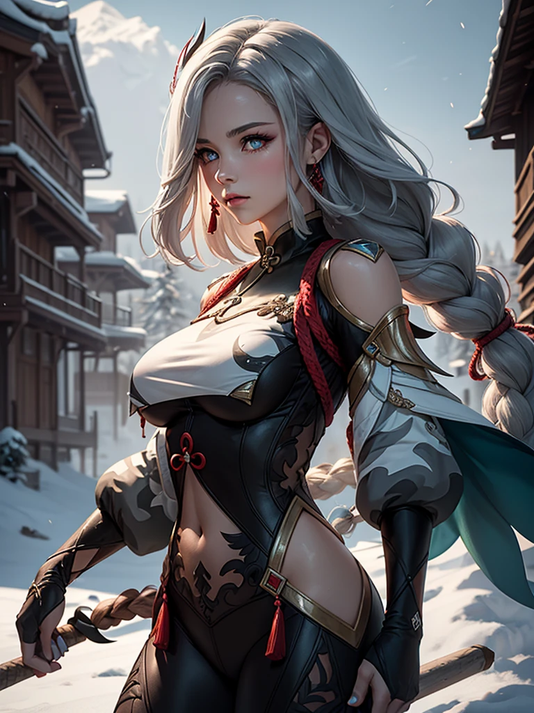 shenhedef, upper body, seductive look, blush, outdoors, snowflake scenery, looking at viewer, cloudy, moody lighting, (perfect detail eyes:1.2), glowing eyes, (long hair one braid:1.2), elemental skill effect, (Masterpiece, Best Quality, High Quality:1.4), professional artwork, Intricate Details, field of view, sharp focus, detailed painting, photorealistic lighting, trending on pixiv, (vivid lighting, vibrant colors:1.05), realistic shadows, ambient occlusion, (athletic body:1.3), mature woman, 30yo, colors RGB 
