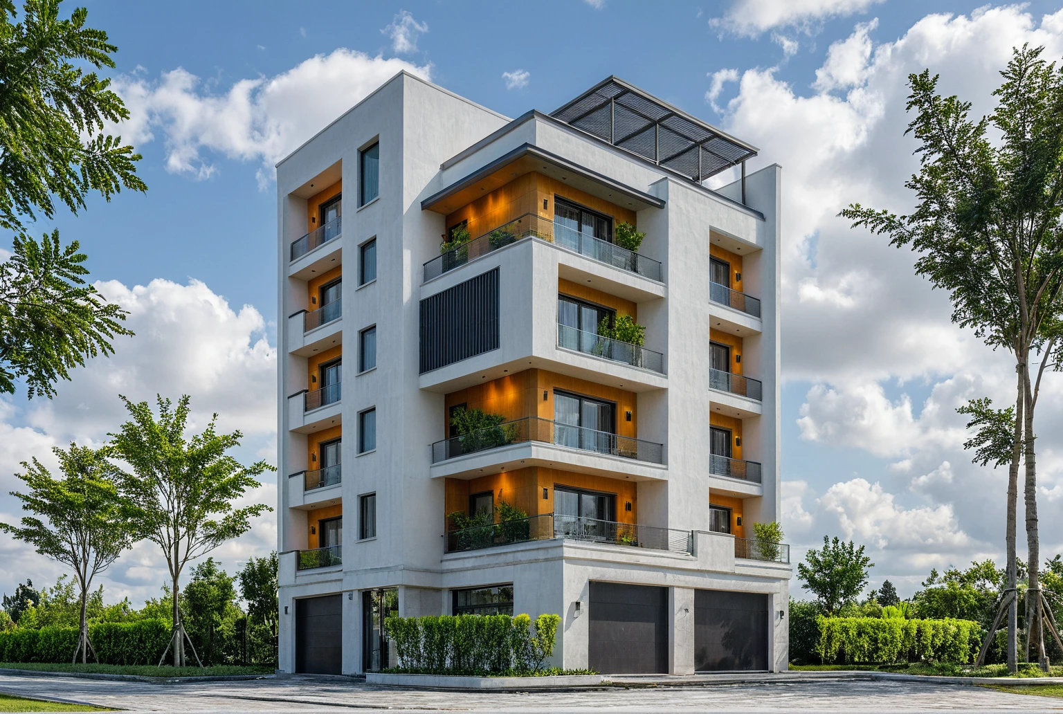 Masterpiece, high quality, best quality, authentic, super detail, outdoors, onestoreyvillaXL, aiaigroup, house style modern on the street ,stairs, white wall ,road,pavement, grass, trees, sky, cloud, (daylight:1.1)