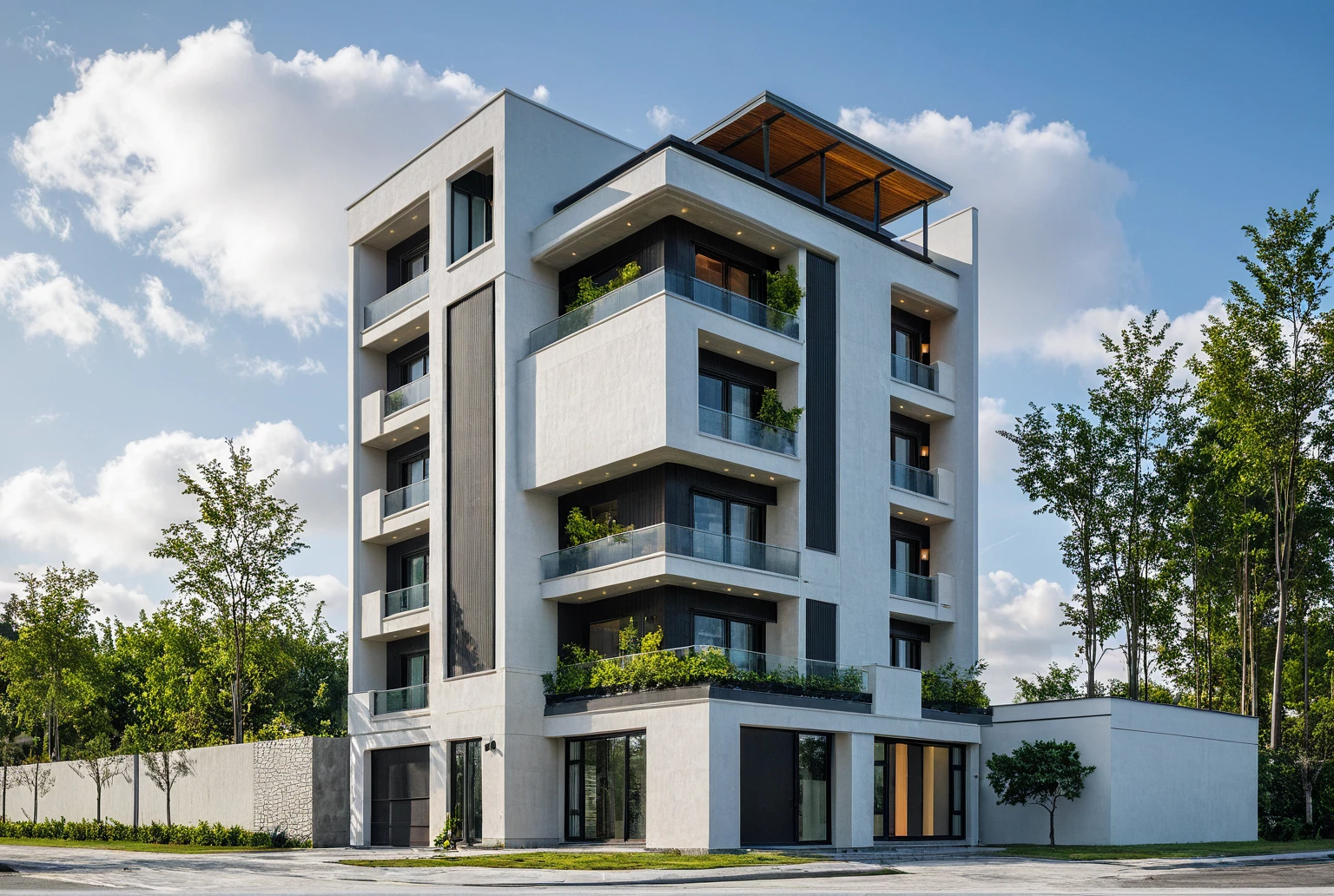 Masterpiece, high quality, best quality, authentic, super detail, outdoors, onestoreyvillaXL, aiaigroup, house style modern on the street ,stairs, white wall ,road,pavement, grass, trees, sky, cloud, (daylight:1.1)