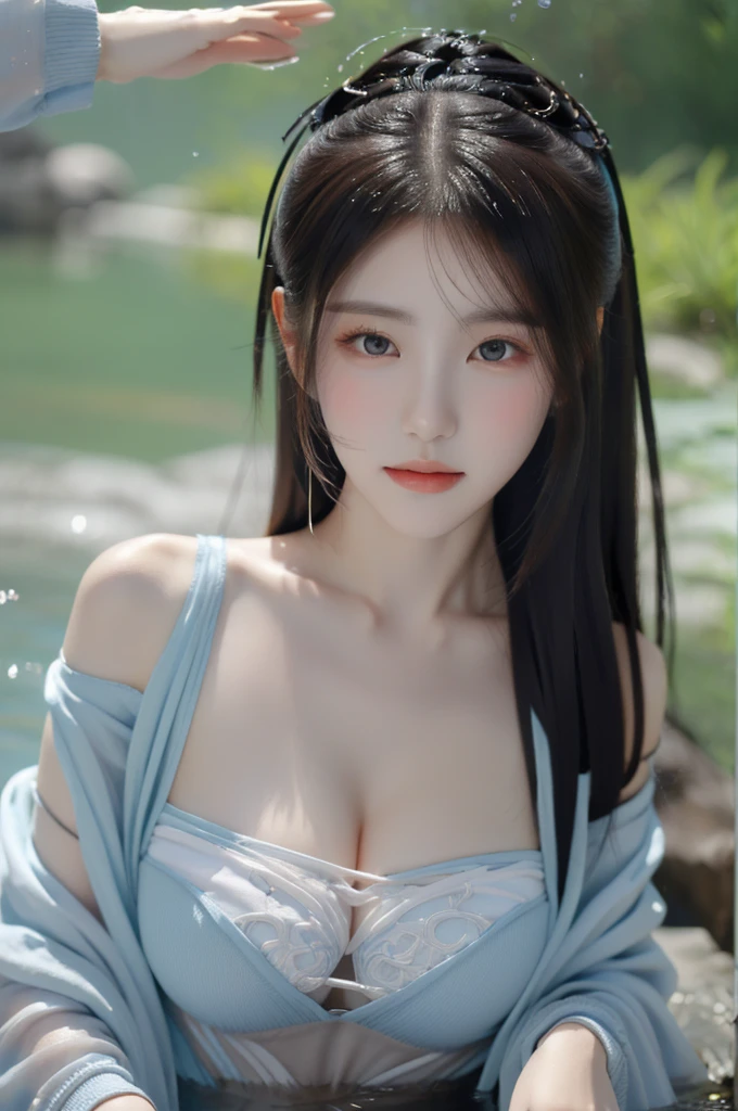 gufeng,Bare shoulders,best quality，masterpiece，Ultra-high resolution，Clear face,（realism：1.4），original photo，Cold Light，Woman wearing transparent clothes underwater，Full body image，Wallpaper Anime Blue Water，Gurwitz-style artwork，Water magic close-up fantasy，author：Yang Jie，Gurwitz，A beautiful artistic illustration，Water Nymphs，Beautiful digital artwork，Beautiful digital illustrations，Li Song，Beautiful anime characters;Art style，((Cardigan，Big boobs))