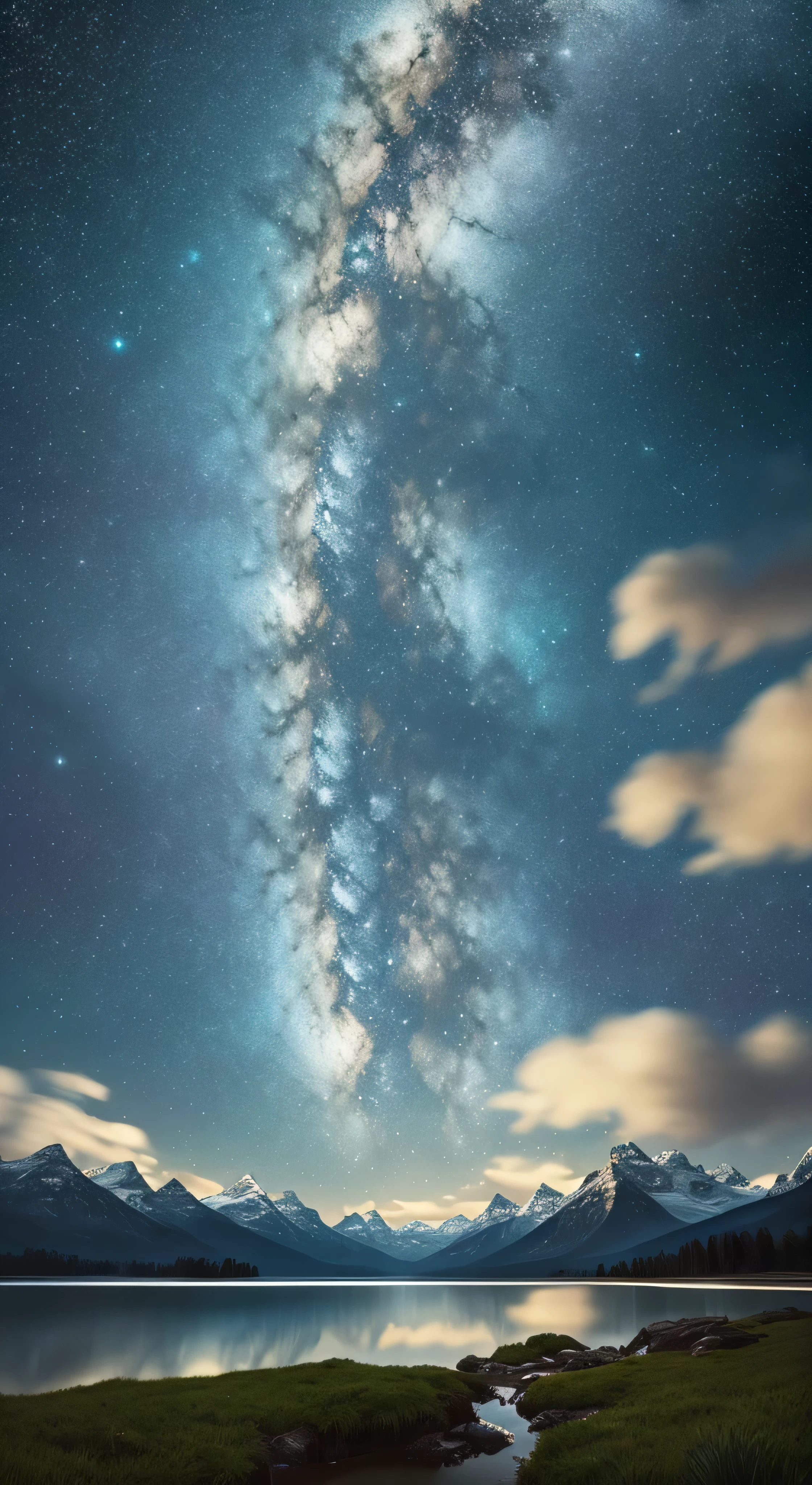 Starry Sky with Mountains and Lake, Jessica Rossier, Inspired by Jessica Rossier, Jessica Rossier Fantasy Art, Concept Art Magic Highlights, Official Artwork, Dream Painting, Ethereal Realm, Atmospheric artwork, dreamy matte paintings, serene endless stars inspired by Ted Nasmith, moonlit starry environments, epic music album covers.
