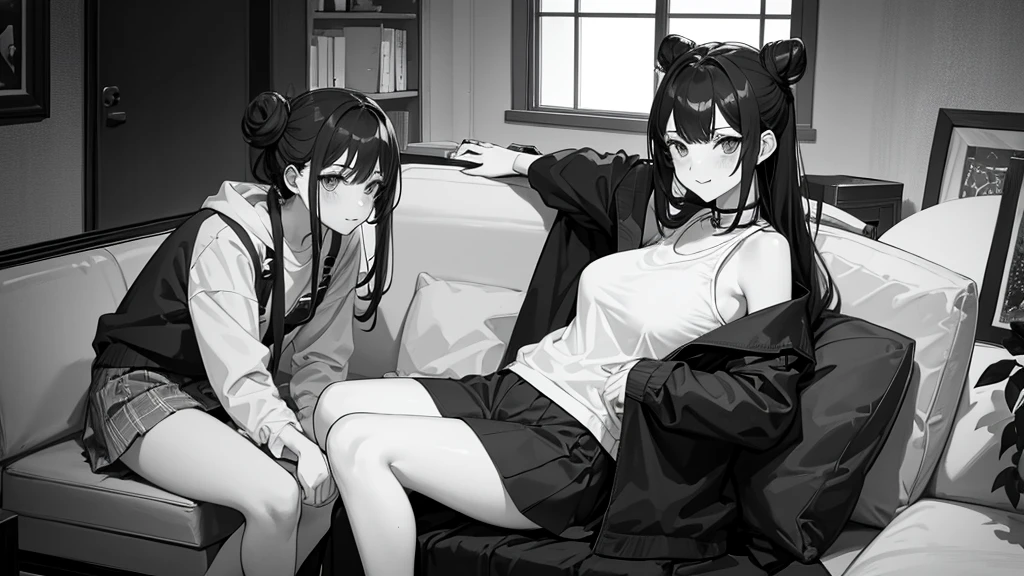 score_9, score_8_up, score_7_up, score_6_up, source_anime, 2d, 1girl, m4ng4, manga, bun hairstyle, monochrome, greyscale, (man, woman, man sitting on the sofa), 1 girl, 2 man, 1 man sits to the right of the girl, putting his hand between her legs, 2 man sits to the left of the girl, putting his hand between her legs), mature girl, big breasts, slim body, mom's hairstyle, bun hairstyle , sleeveless shirt, long skirt, vulgar smile, blush, sweatliving room background,