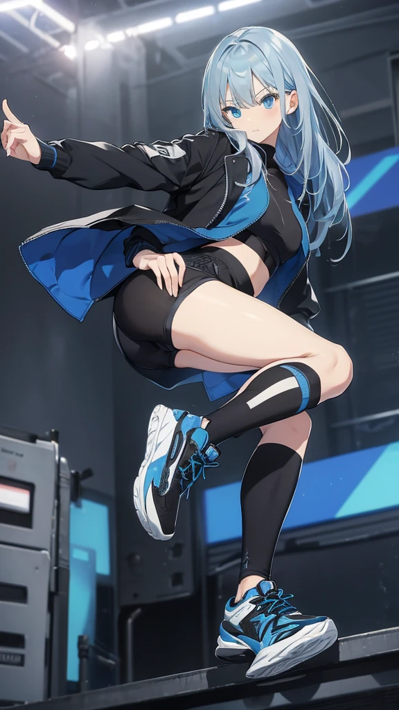 Blue delicate eyes, ,sports shoes，Black tights，Sports jacket，Hip-wrapped pants