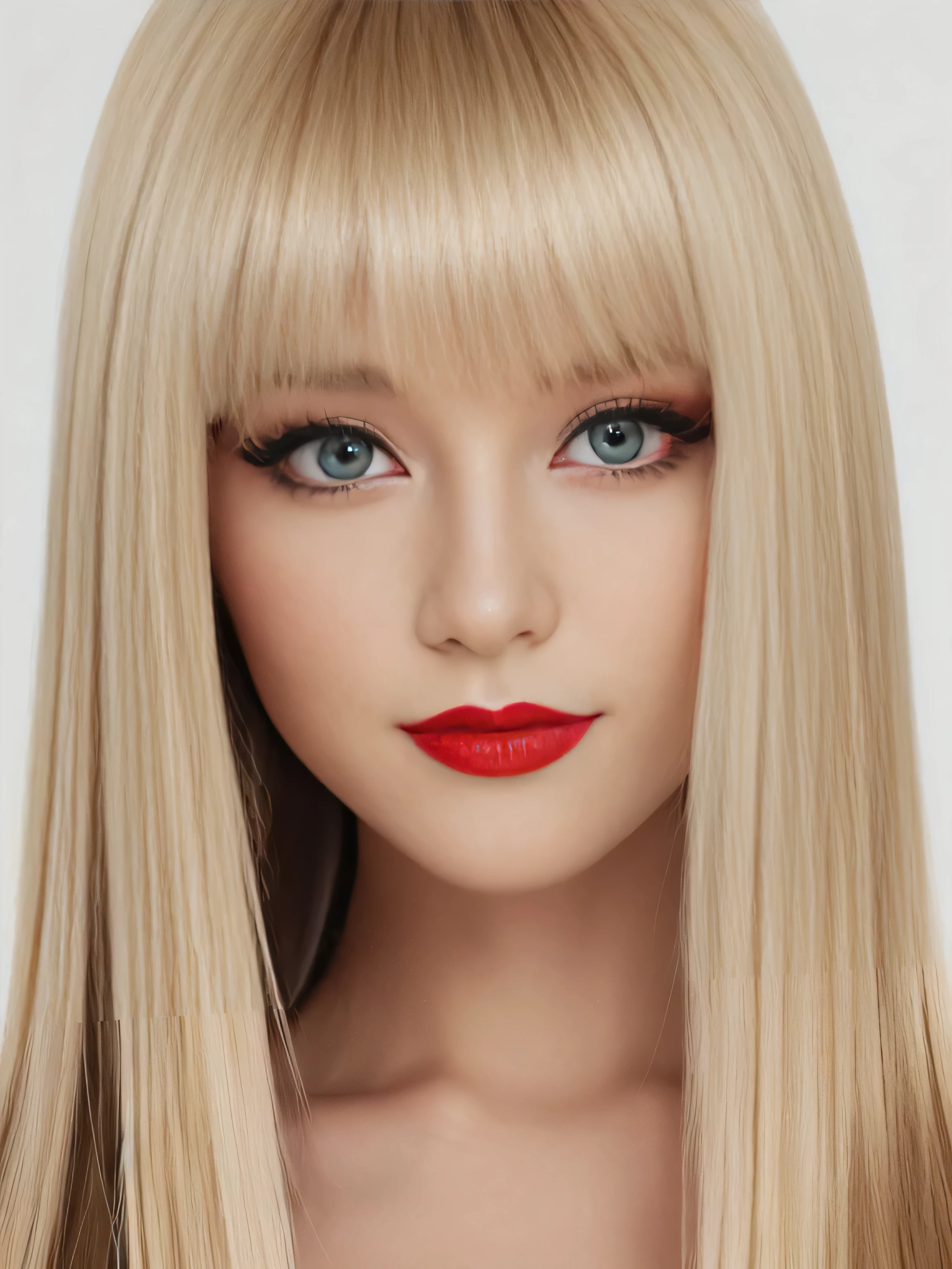 (((Her hair color is the perfect blonde.:1.8!!)))　(((Her hair color is the perfect blonde.:1.8!!)))　(((Her hair color is the perfect blonde.:1.8!!)))　(((Her hair color is the perfect blonde.:1.8!!)))　(((Her hair color is the perfect blonde.:1.8!!)))　(((Her hair color is the perfect blonde.:1.8!!)))　(((Her hair color is the perfect blonde.:1.8!!)))　(((Her hair color is the perfect blonde.:1.8!!)))　1 female　(Photographed from the chest up)　(She turns to the viewer、She has a very sexy face!!!!!)　(((Her hair color is the perfect blonde.:1.8!!)))　((Her hair is very straight!!!))　(Her bangs are neatly trimmed そして straight down.:1.4)　((Large Breasts:1.6))　((Highest quality))　((masterpiece))　(family friendly)　(Get used to it)　(White wall background!!!!!)　(She is France&#39;s most sensual 24-year-old face cosmetics model..)　(((Her hair is very straight and extra long, reaching almost to her shoulders.)))　(Highest quality&Highly detailed black hair　her hair is beautiful, There is a volume and、、、、、、Very shiny.、Very beautiful silky hair　Beautiful silky hair　Shiny Hair　Her hair is very straight)　(Get a sensual make-up treatment from a professional make-up artist....　Exquisite texture:1.4　Bright red lipstick!!!　Beautiful black eyeliner)　Perfect Woman&#39;face　(Her face is dignified そして sexy)　((Her eyebrows are very thin:1.8))　Perfect Woman&#39;face　(Her face shape is thinner than average:1.8)　(Her eyes are larger than average:1.8　Her nose is higher than average:1.8)　(Her body is more attractive than the average French woman...:1.5　Her skin is a typical Caucasian complexion...　Her skin is very high quality and ultra high definition.、very beautiful そして glowing skin)　(Her face is dignified and sexy)　((Rich 1.4))　(Extremely detailed 8K)　(Ultra-fine skin texture 1.4)　(current, Vibrant:1.4), 　Sharp focus:1.2、Beautiful woman:1.4　Dynamic Lighting　(Genuine RAW photos taken by professional photographers)　(Surreal photos by professional photographers :1.2)　(((Her hair color is the perfect blonde.:1.8!!)))　(((Her hair color is the perfect blonde.:1.8!!)))　(((Her hair color is the perfect blonde.:1.8!!)))　(((Her hair color is the perfect blonde.:1.8!!)))　(((Her hair color is the perfect blonde.:1.8!!)))　(((Her hair color is the perfect blonde.:1.8!!)))　(((Her hair color is the perfect blonde.:1.8!!)))　(((Her hair color is the perfect blonde.:1.8!!)))　