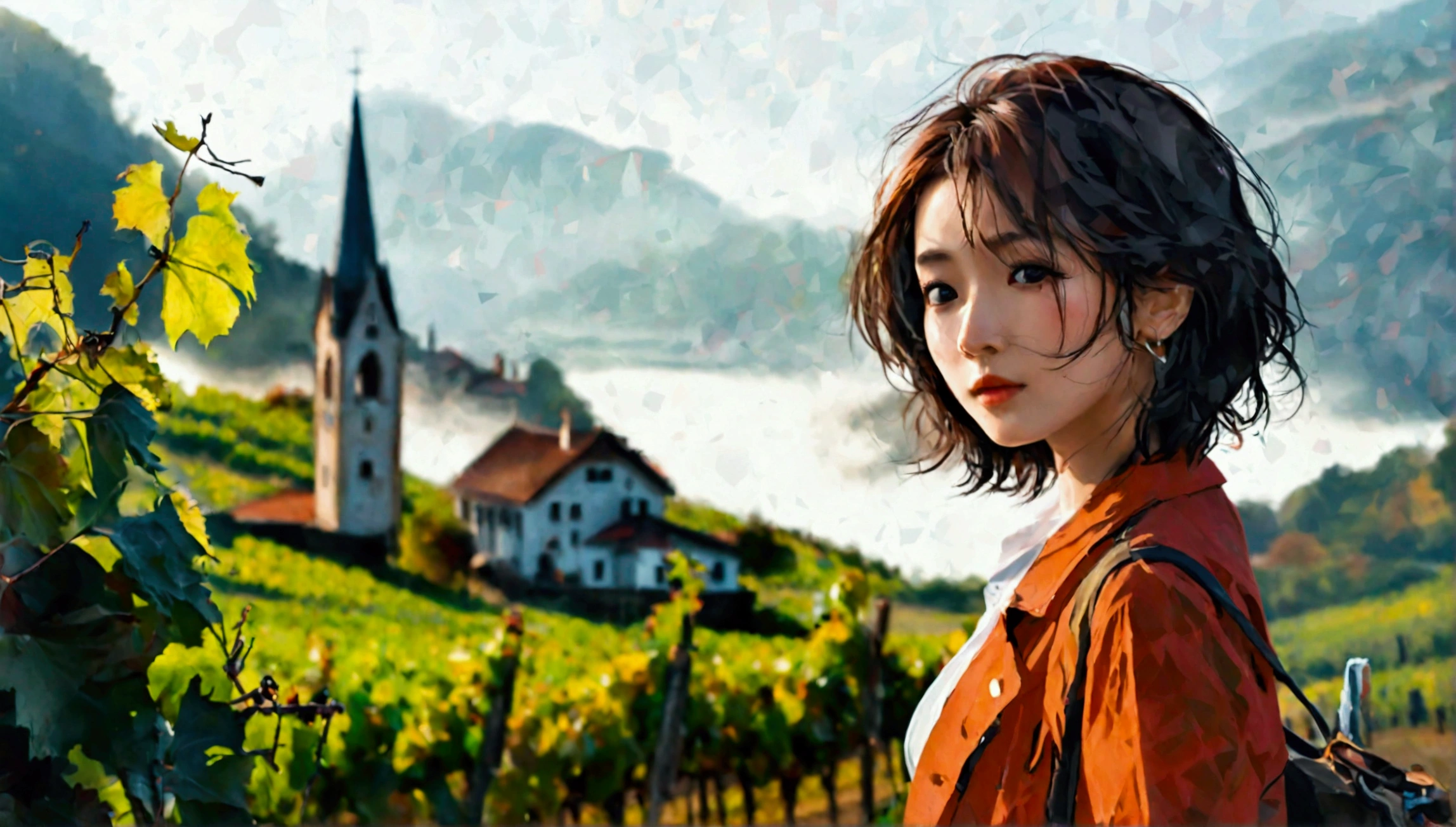 Woman in beautiful landscape 8K highest quality, Beautiful 36-year-old Korean woman, Chest size 34 inches, Passing through vineyards in the Swiss countryside, The cathedral is visible in the early morning fog., The back background is realistic and vivid quality., short medium hair, Casual and British - (summer jacket) ,Perfect and realistic photos, The background is realistic.. Full body shot with Canon camera 16-35 wide angle lens, expressionless, On a vineyard hill covered in thick fog., Walking towards the front camera