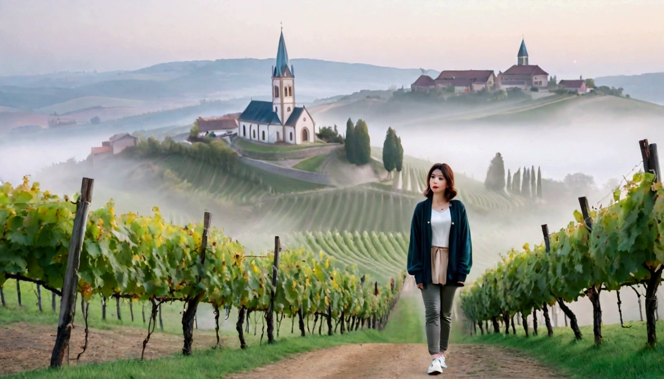 Woman in beautiful landscape 8K highest quality, Beautiful 36-year-old Korean woman, Chest size 34 inches, Passing through vineyards in the Swiss countryside, The cathedral is visible in the early morning fog., The back background is realistic and vivid quality., short medium hair, Casual and British - (summer jacket) ,Perfect and realistic photos, The background is realistic.. Full body shot with Canon camera 16-35 wide angle lens, expressionless, On a vineyard hill covered in thick fog., Walking towards the front camera