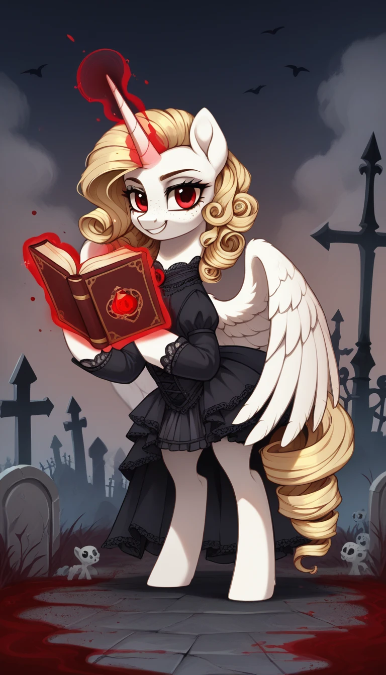 score_9,score_8_up,score_7_up,score_6_up, female, unicorn, white fur, curly blonde hair, freckles, red eyes, Gothic pony, lolita fashion, glowing backlight, fashion show, graveyard scene, glitter, whimsical, enchanted, magical, fantasy art concept, intricate details, insane smile, blood splatter on face, floating, holding spell book, glowing horn, tall height of an alicorn