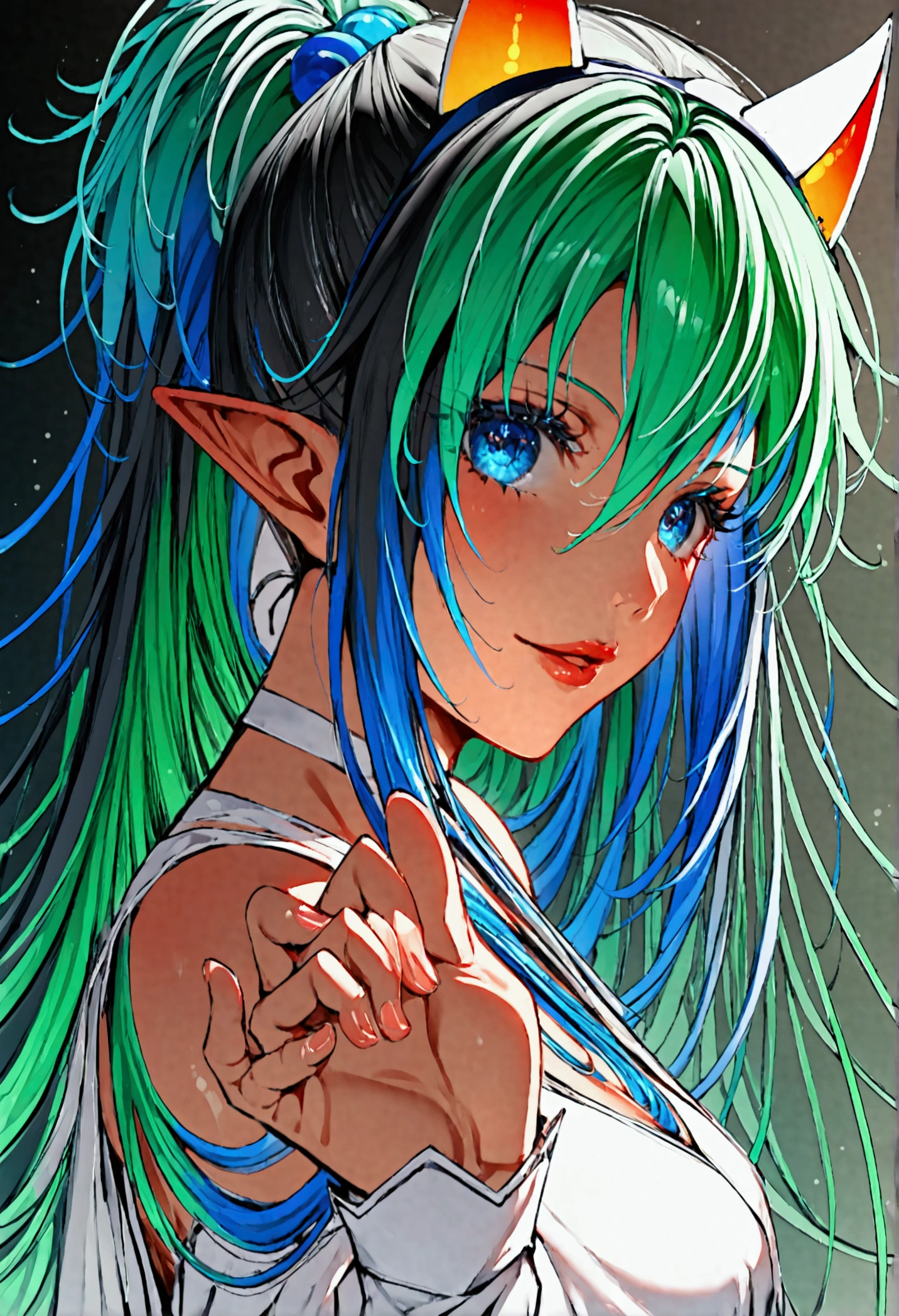 (lum:1.5), 1girl, long hair, (tiny horns), (score_9, score_8_up, score_7_up), sharp ears, masterpiece, best quality, absurdres, unity, 8k, wallpaper, hi res, highly detailed face, highly detailed eyes, blue eyes, (intricate details:1.4), (two-tone hair, green hair, black hair:1.1), perfect anatomy, super detailed skin, 1980s style, anime style, (full body), (dynamic angle, dynamic pose:1.3), фартук, поклон, cube украшение для волос, одеваться, оборки, мрак (выражение), украшение для волос, сердце, сердце hands, длинные волосы, глядя, служанка, служанка фартук, служанка headодеваться, одна сторона вверх, затененное лицо, обувь, short одеваться, Один, капля пота, бедро высоких, white бедро высоких, 