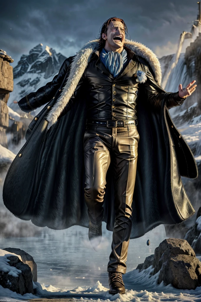 masterpiece, best quality, extremely detailed, hyperrealistic, photorealistic, a cool 40s man, ultra detailed face:1.2, fur-trimmed coat, scarf around the neck, his left hand is a golden pirate hook:1.1, laughing, artistic jump, dynamic angle, frozen island, giant snow moutain, frozen waterfall, icicles, covered with ice, everything is made out of ice, ominous atmosphere