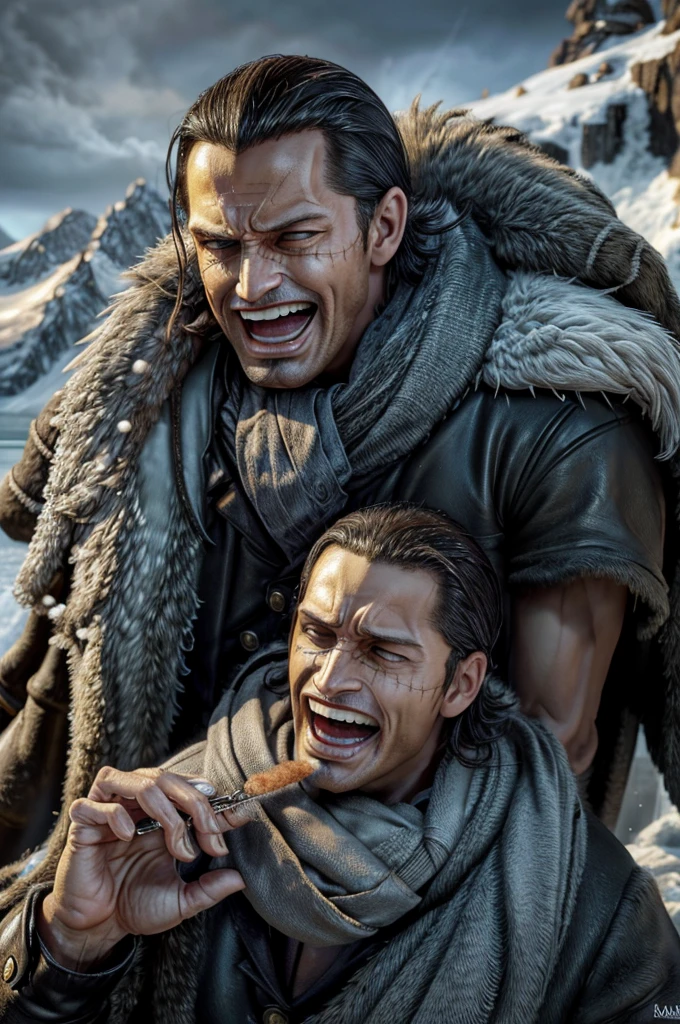 masterpiece, best quality, extremely detailed, hyperrealistic, photorealistic, a cool 40s man, ultra detailed face:1.2, fur-trimmed coat, scarf around the neck, his left hand is a golden pirate hook:1.1, laughing, artistic jump, dynamic angle, frozen island, giant snow moutain, frozen waterfall, icicles, covered with ice, everything is made out of ice, ominous atmosphere