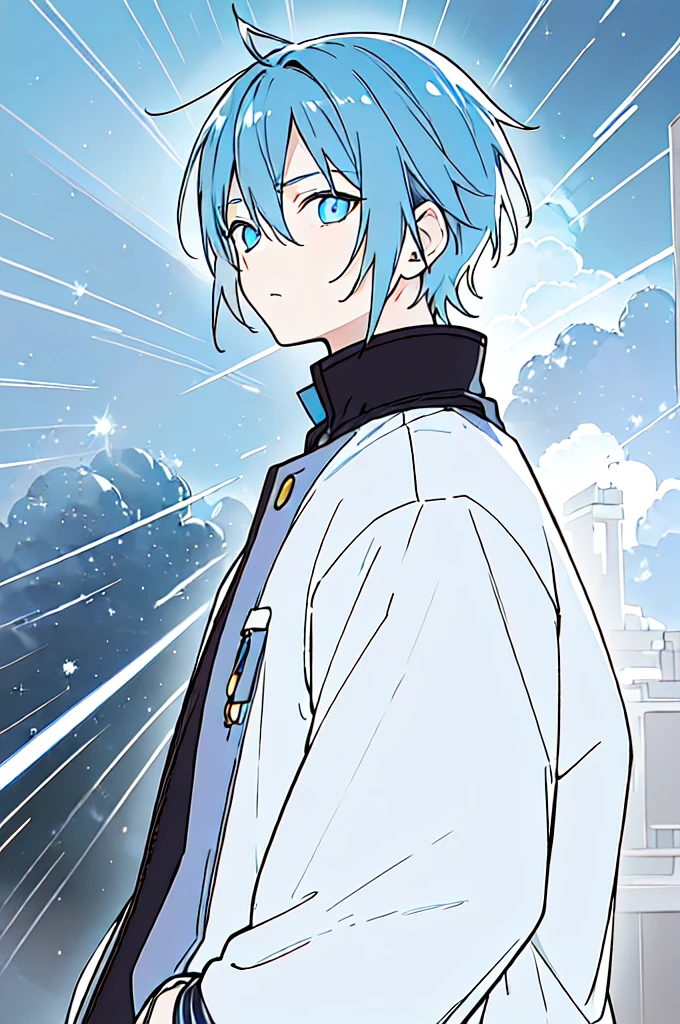 [(SkyBlue BACKGROUND:1.5),::5], ((((masterpiece)))), high quality, very_high_resolution, large_filesize, full color, ((younger boy)), ***********, ((men's short Blue hair)), vivid color, ((lightBlue eye)), Parka, (upper body), ((anime style)), ((Meteor shower))