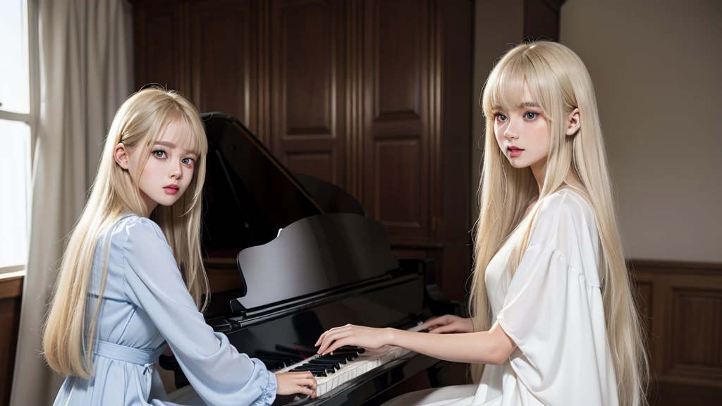 playing piano.silky shiny skin、22 year old cute sexy little beautiful face、Hair glows in front of a cute face、long silky bangs covering the eyes、pale light blue eyes、Young woman super long blonde shiny golden bright straight hair、with round face、Small face beauty、big eye、bright expression、The dress、Even big in clothes