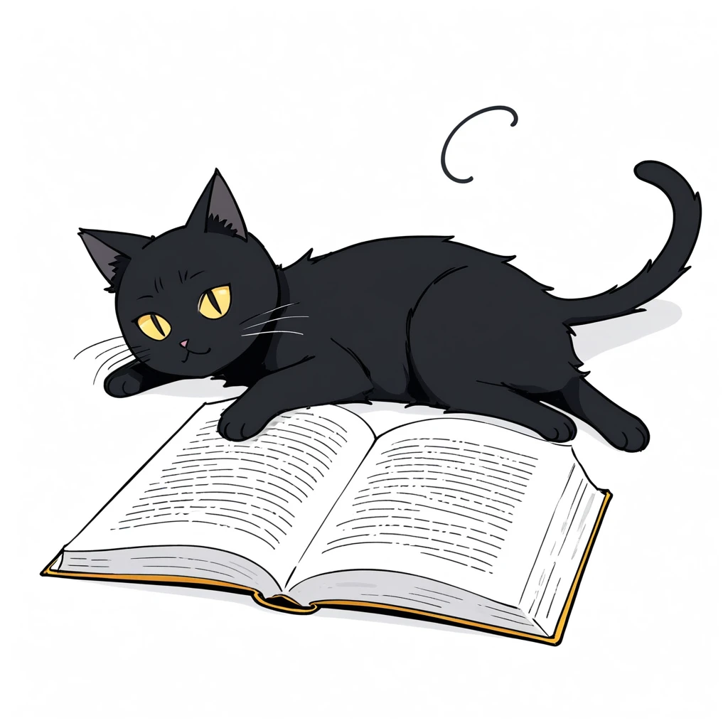 1 black cat lie down on the book,simple,(white background:1.4),doodle,scribble,minimalism,playing