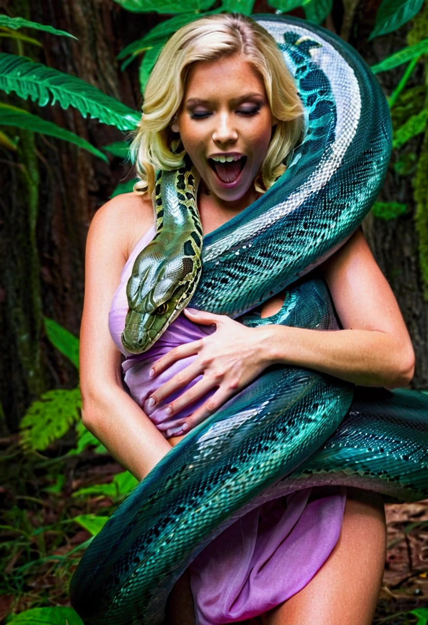  Pregnant Topless  pink thong wearing aroused horny beautiful happy young blonde  girl vs  Giant colossal black anaconda monster wrapped around her body squeezing her in coiled embrace cuddling and kissing  sexual erotic bestiality  sex  realistic in the rainforest full body, best quality wet 