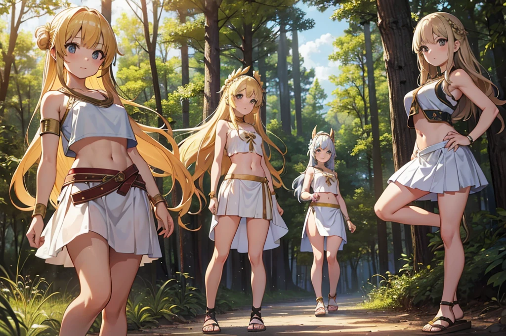 young greek warriors girls in togas , only girls , forest in the background , light armor , sandals , sexy, exposed belly, muscular girl, defined abdomen,stomach, multiple girls, midriff, looking at viewer, blonde hair , long hair, bare shoulders, white skirt, skirt, outdoors, sanda