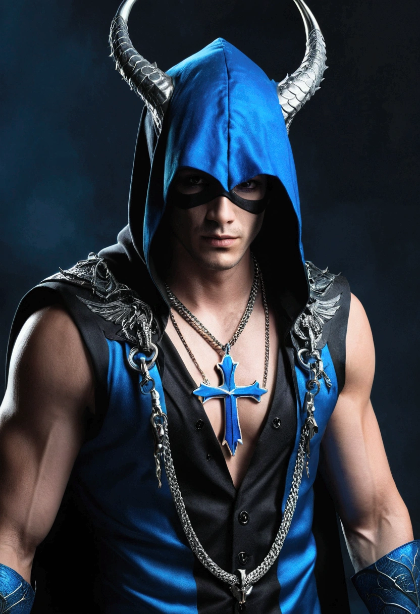 ((best quality)), ((artwork)), (detailded),
homen, black and blue hair, best qualityr,open chest vest, blue and black clothes, Dragon Wings, black cloth on face, silver cross chain on neck, black hood with blue horns 