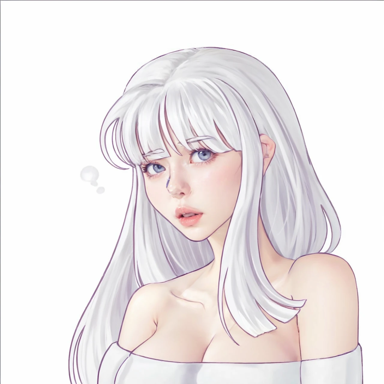 Woman with straight white hair. clear skin. Light gray eyes. looking to the right. Body heading to the left. serious facial expression
