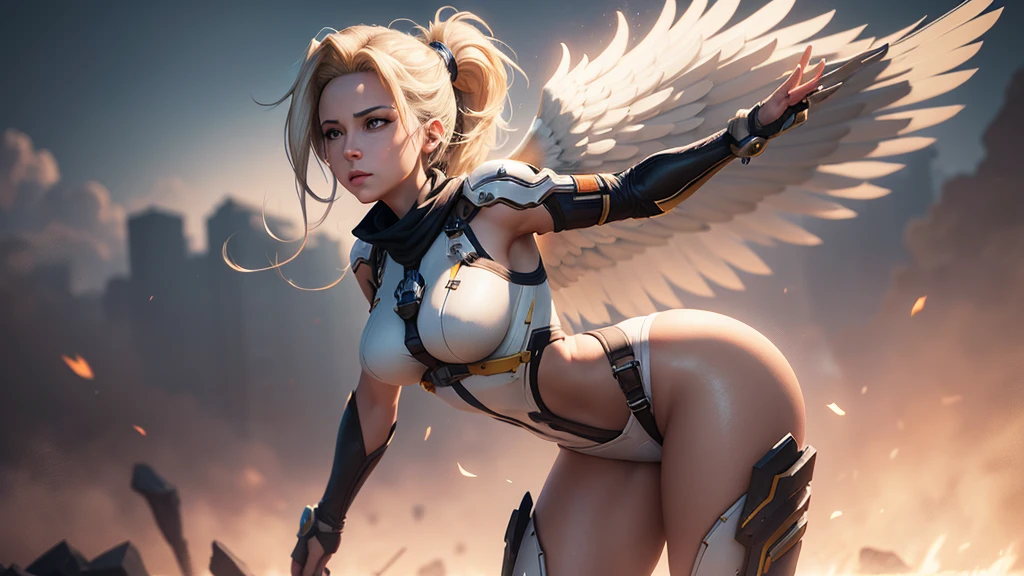 Mercy from Overwatch, angel wings on her back, messy hair blowing in wind, nude, wide stance, arms wide open, lighting and background is bright realistic style, with high attention to detail and sharp focus. The colors are vivid and contrasted, with a slight desaturation. The lighting is dramatic, with shadows and highlights enhancing the overall composition. The medium used is a digital illustration, with a touch of photo-realistic elements to add depth and texture to the image. The final result is a masterpiece in ultra-high resolution, showcasing the intense and raw nature of Mercy's character.