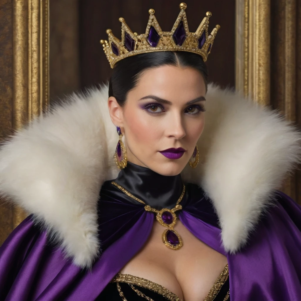 Masterpiece, best quality, detailed face, Evil Queen, long purple royal dress with a white collar, purple puffed sleeves with gold trims, black cape, black cowl, high-heeled shoes, gold crown, black hair, looking at viewer, sexy smirk, in front of a mirror, cow boy shot