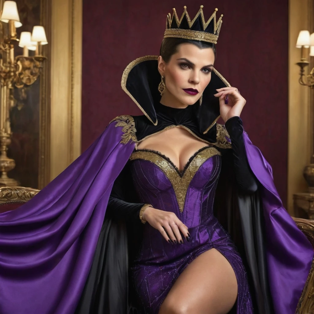 Masterpiece, best quality, detailed face, Evil Queen, long purple royal dress with a white collar, purple puffed sleeves with gold trims, black cape, black cowl, high-heeled shoes, gold crown, black hair, looking at viewer, sexy smirk, in front of a mirror, cow boy shot