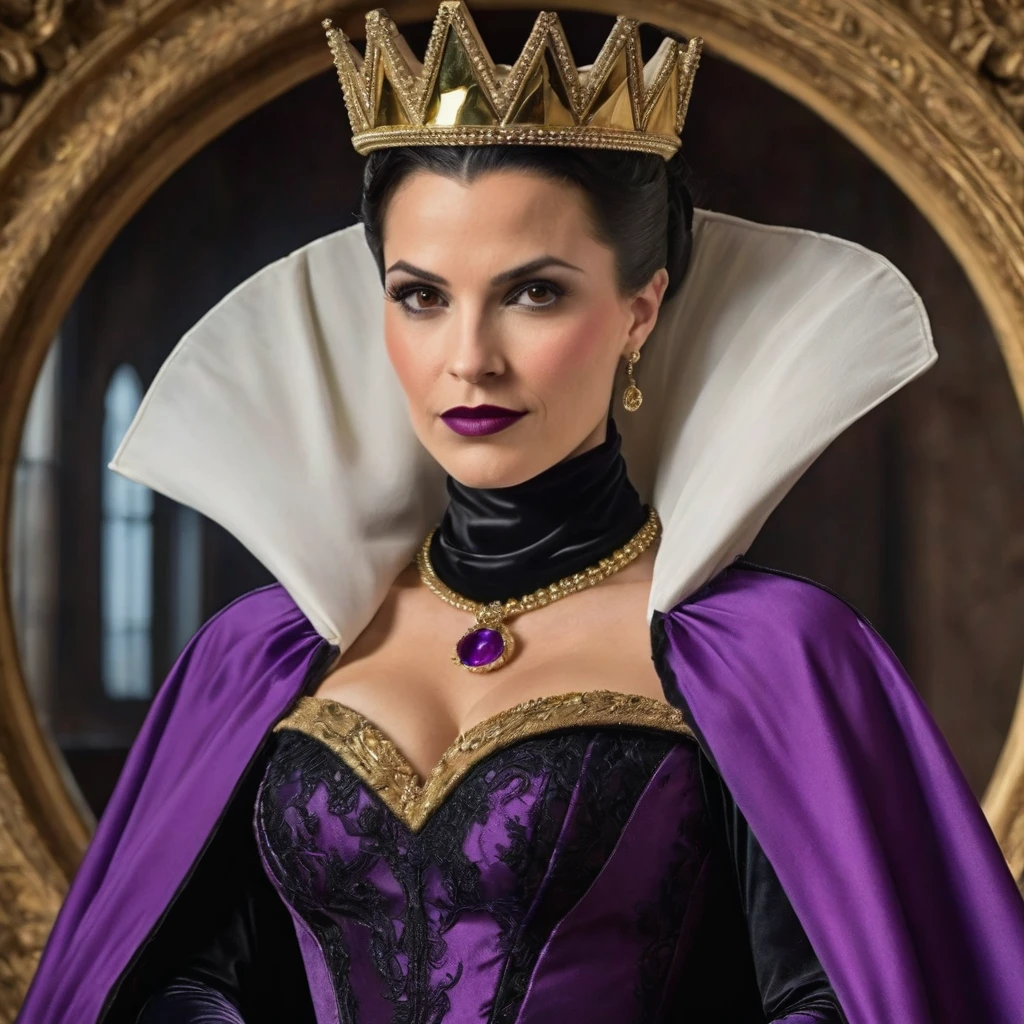 Masterpiece, best quality, detailed face, Evil Queen, long purple royal dress with a white collar, purple puffed sleeves with gold trims, black cape, black cowl, high-heeled shoes, gold crown, black hair, looking at viewer, sexy smirk, in front of a mirror, cow boy shot