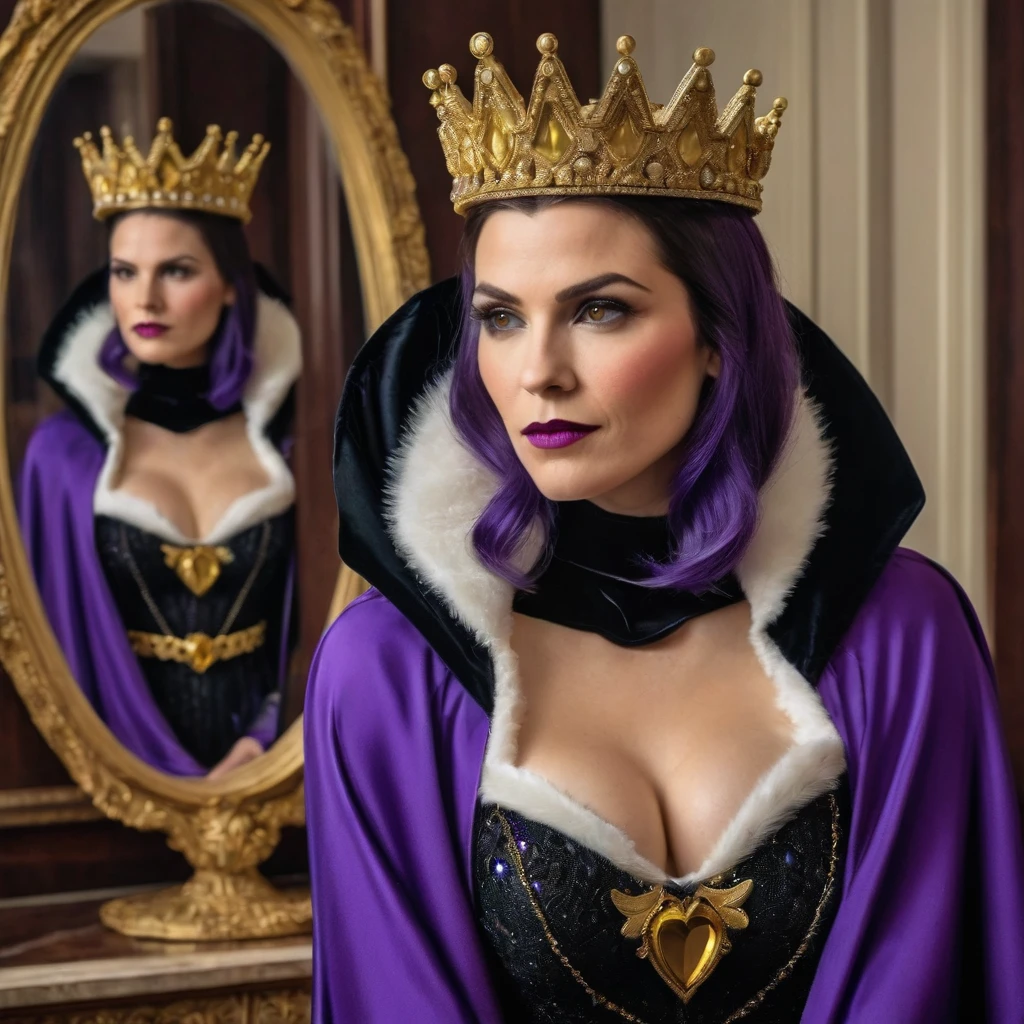 Masterpiece, best quality, detailed face, Evil Queen, long purple royal dress with a white collar, purple puffed sleeves with gold trims, black cape, black cowl, high-heeled shoes, gold crown, black hair, looking at viewer, sexy smirk, in front of a mirror, cow boy shot