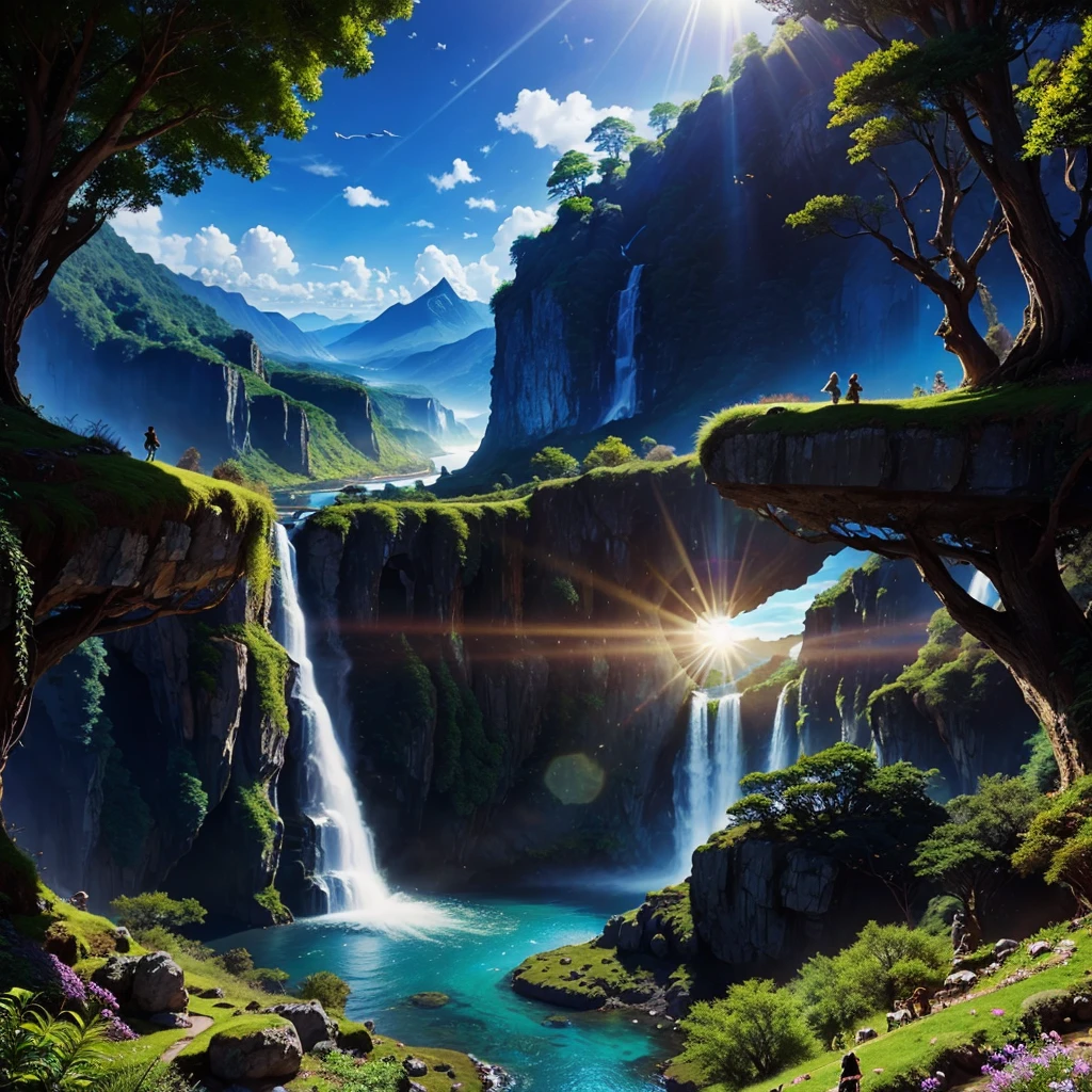 mysteriousな超巨大な森のトンネル，Different world，The sunlight from the sun shines on the earth，Colorful，Best Quality，8K，mysterious，Fantasy，Different space，There are many different creatures，Super huge waterfall，Nature，romantic，A world beyond imagination，Dream world，Huge river，masterpiece，最高masterpiece，perfection，
