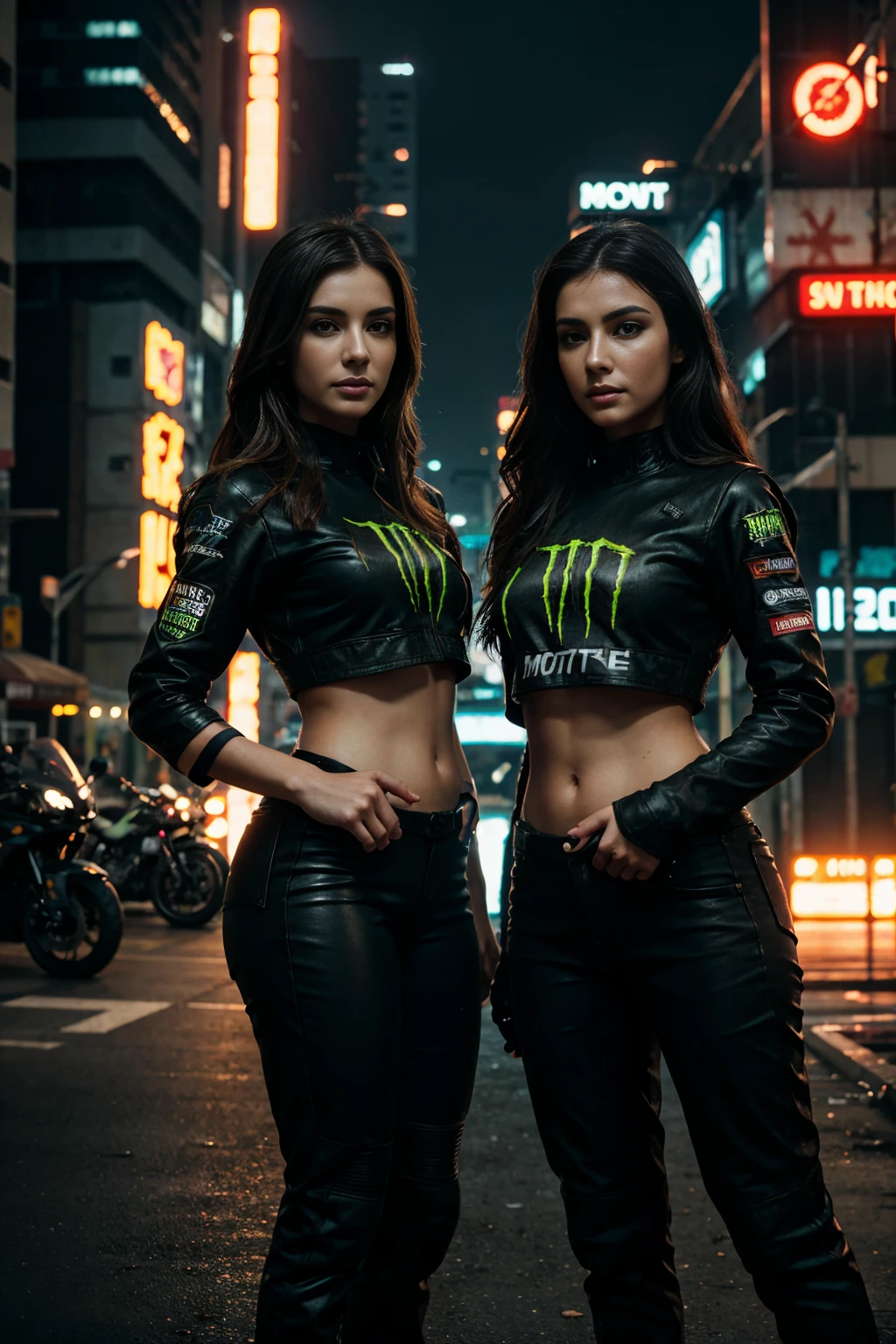 two woman standing next to a motorcycle, monster energy logo in background, detailed woman, realistic, photorealistic, 8k, highres, best quality, masterpiece, ultra-detailed, physically-based rendering, professional, vivid colors, studio lighting, sharp focus, beautiful detailed eyes, beautiful detailed lips, extremely detailed face, long eyelashes, elegant pose, dynamic composition, cinematic lighting, dystopian cyberpunk atmosphere
