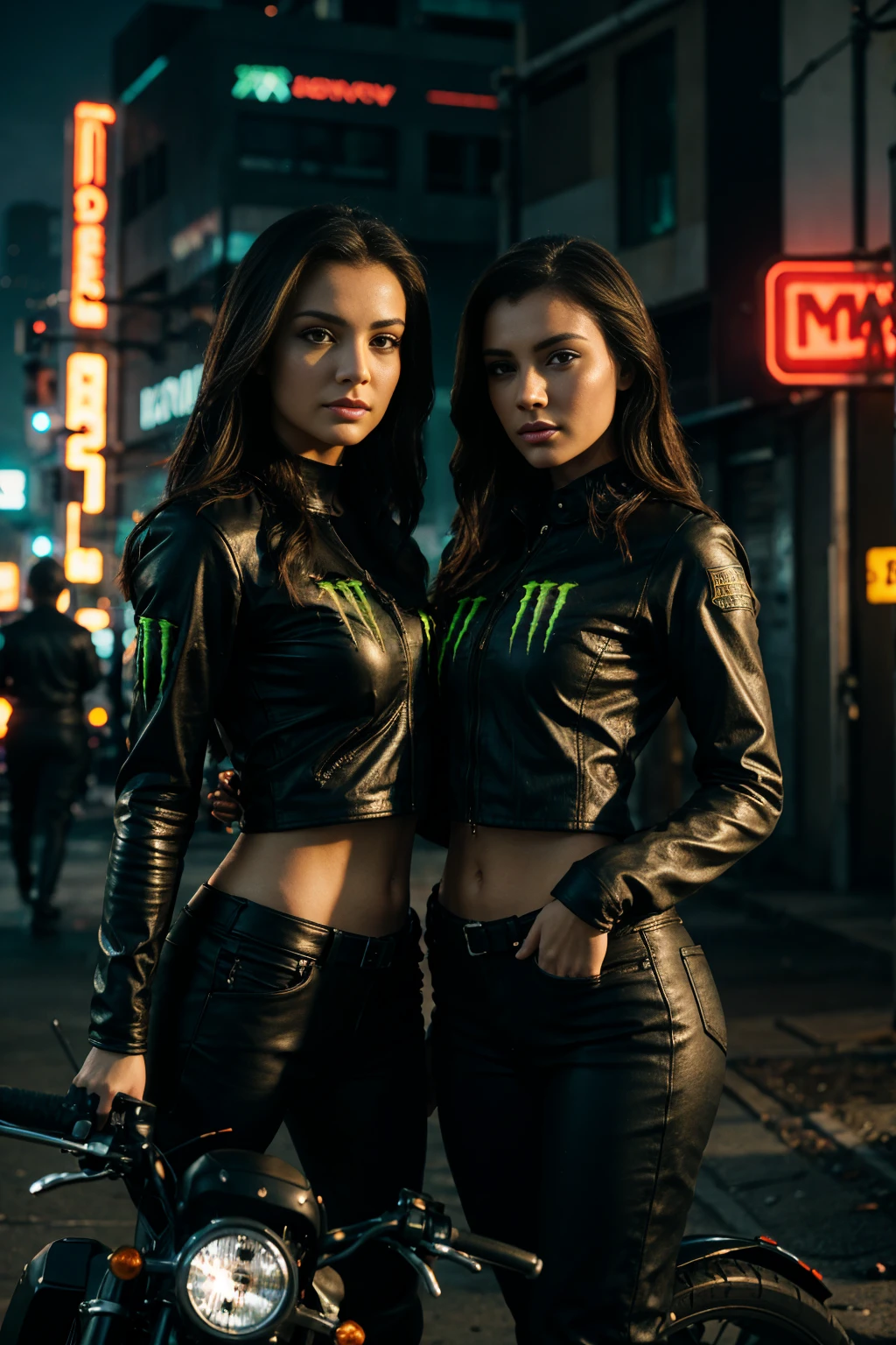 two woman standing next to a motorcycle, monster energy logo in background, detailed woman, realistic, photorealistic, 8k, highres, best quality, masterpiece, ultra-detailed, physically-based rendering, professional, vivid colors, studio lighting, sharp focus, beautiful detailed eyes, beautiful detailed lips, extremely detailed face, long eyelashes, elegant pose, dynamic composition, cinematic lighting, dystopian cyberpunk atmosphere