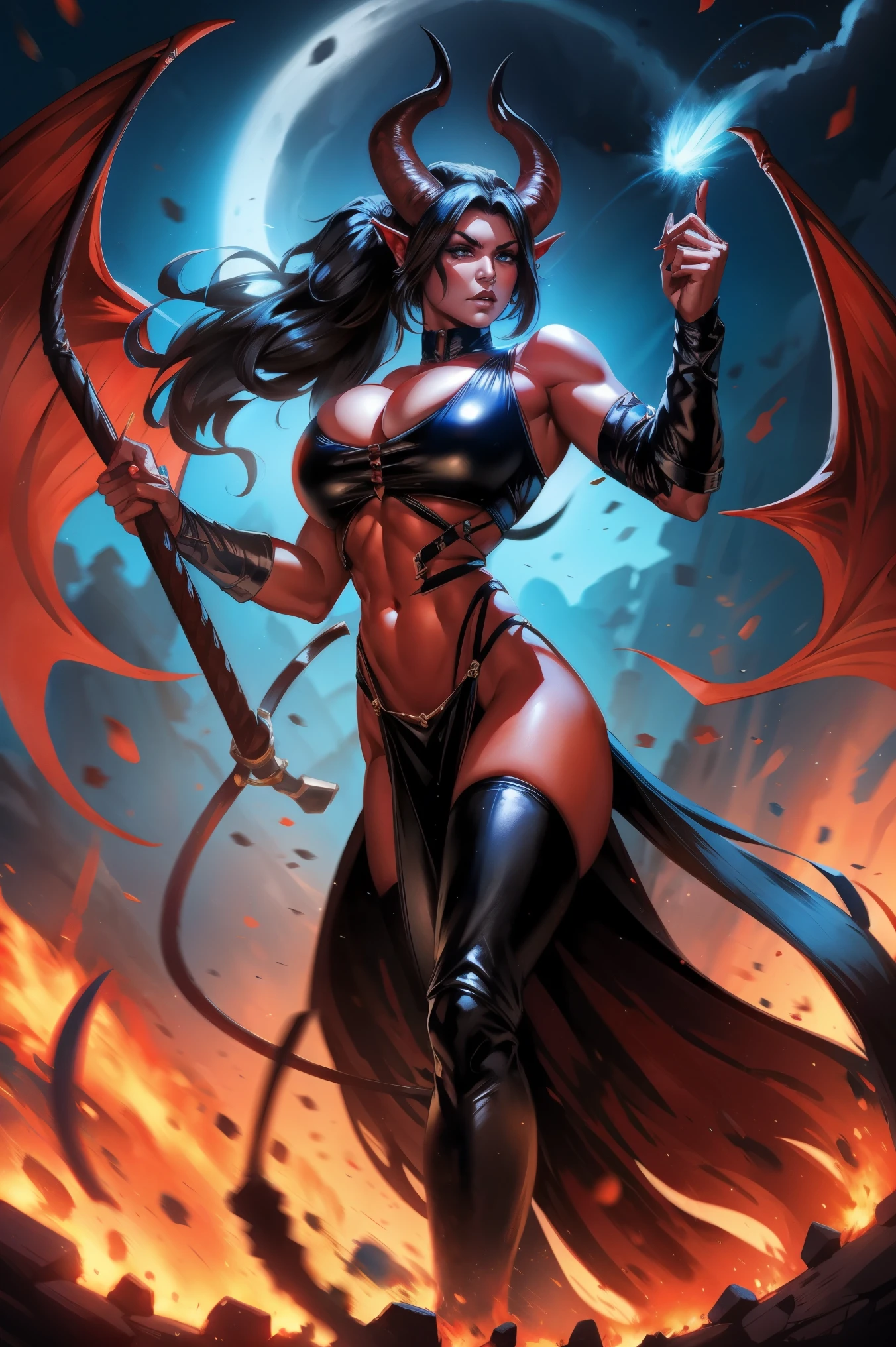 Red skin succubus tiefling, medium breasts, black horns, wings, huge tail, black leather, crop top, long flowing pelvic curtain, tall, toned, graceful, thin, long black ponytail. Action scene, whip. Dark scene, explosions, night sky.