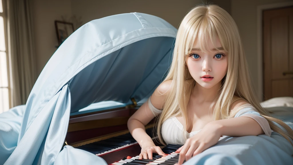 playing piano.silky shiny skin、22 year old cute sexy little beautiful face、Hair glows in front of a cute face、long silky bangs covering the eyes、pale light blue eyes、Young woman super long blonde shiny golden bright straight hair、with round face、Small face beauty、big eye、bright expression、The dress、Even big in clothes