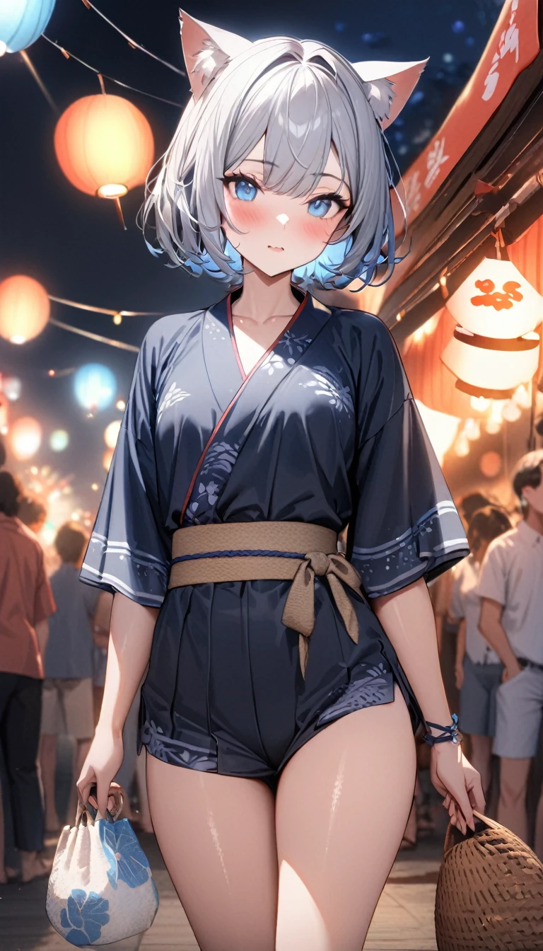 1girl、(((best quality)), ((masterpiece)), (details), masterpiece, best quality, high quality, ulutra detailed, perfect face, ((1girl, blue eyes, cat ears: 1.3 silver bob hair: 2.5,))、Shiny Hair、Glowing Skin、blush、yukata、Summer festival、Sandals、Small breastidsummer、Resort、whole body、firework