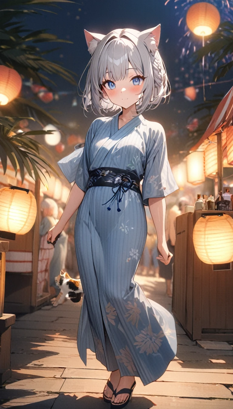 1girl、(((best quality)), ((masterpiece)), (details), masterpiece, best quality, high quality, ulutra detailed, perfect face, ((1girl, blue eyes, cat ears: 1.3 silver bob hair: 2.5,))、Shiny Hair、Glowing Skin、blush、yukata、Summer festival、Sandals、Small breastidsummer、Resort、whole body、firework