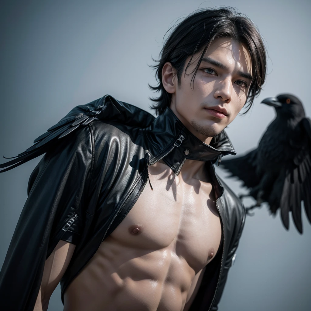 ((obra de arte, melhor qualidade, high resolution)) A handsome man with black demon wings, olhos vermelhos, Orelhas pontudas, muscular