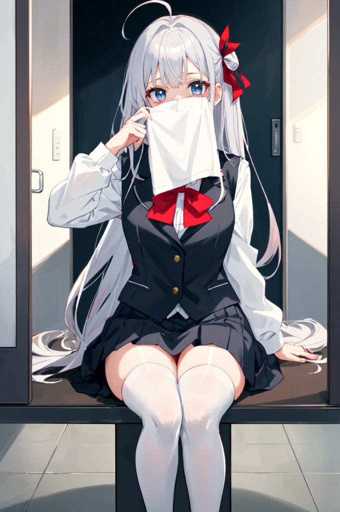 score_9, score_8_up, score_7_up, score_6_up, score_5_up, score_4_up, source_anime, anime screencap, uncensored, 1girl, solo,zPDXL,
anime screencap,AlisaMikhailovnaKujou,silver hair,ahoge,long hair,one red hairribbon,blue eyes,
BREAK
school_uniform,jacket,black vest, white_thighhighs, white panties,
from below, pov, feet, stepped on, smile, heavy blush, half closed eye, smug,
classroom, Daytime,
(Beautiful, medium Breasts:1.2), natural breasts, sitting,