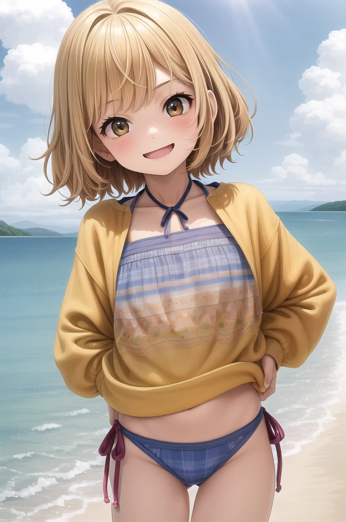 2 girl,,Girl,,Flat Chest,Colorful Bikinis,Highest quality、High resolution、Detailed Background、Beautiful face in every detail、Teenage Beauty、Blonde、Bobcut、Big smile、boost mood、 Summer sun、Shining Sea,Hands behind back
