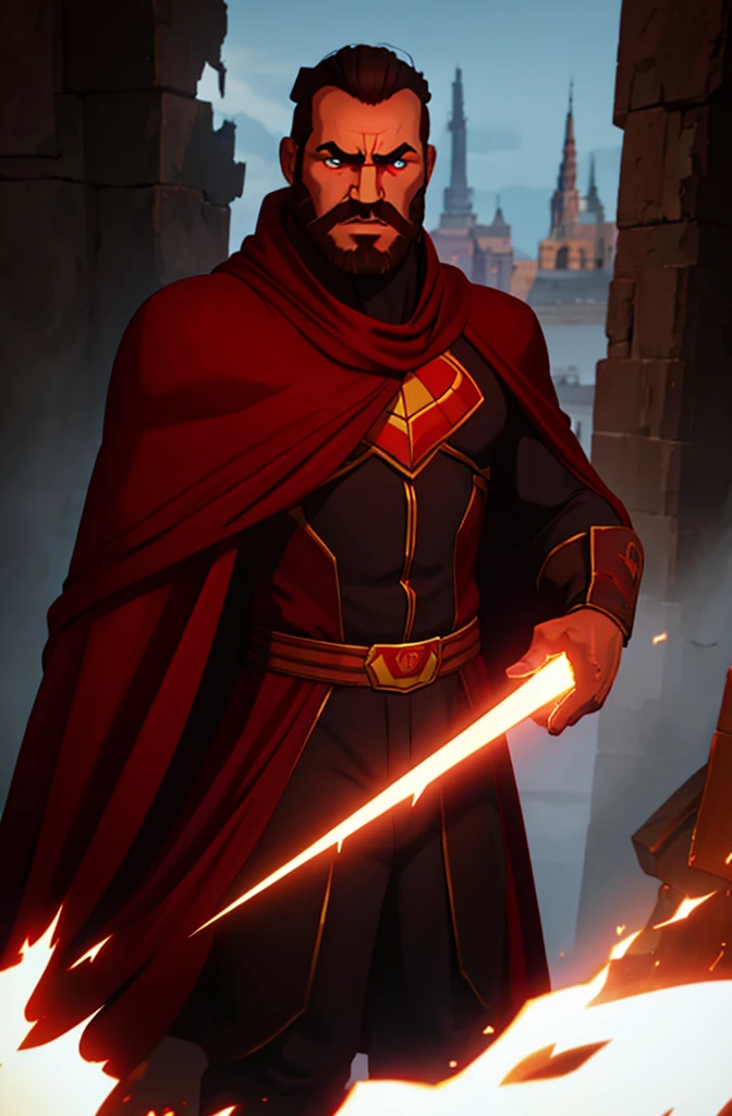31-year-old man, short brown hair, red eyes, medium beard, with a serious look, wearing a red cape like the Supermam of Injustice, a black costume fitted in the Supermam style. In a destroyed environment.